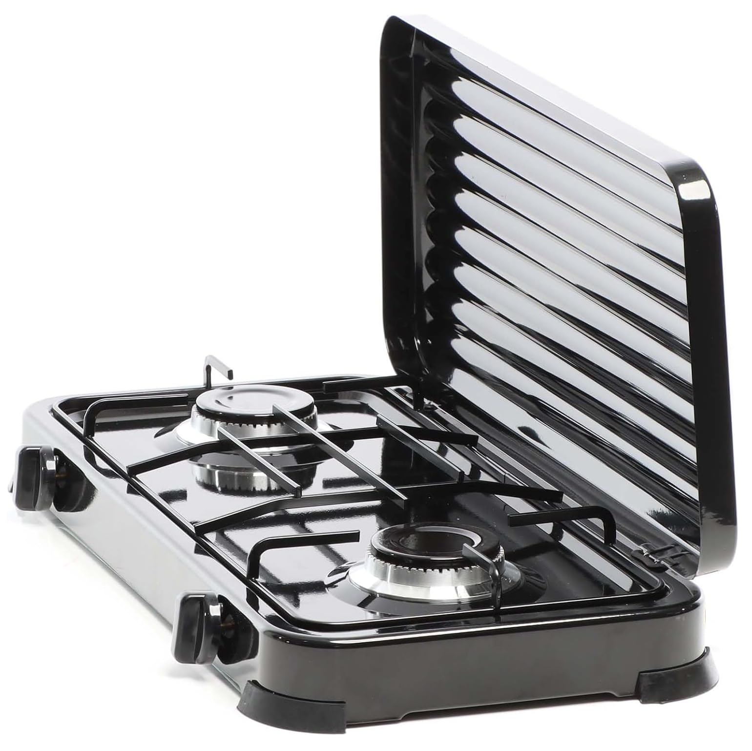 Cocina Hornillo de gas portatil para camping y exterior con 2 quemadores, 30 – 50 mbar, placa de gas con tapa protectora, manguera de presión para butano incluido