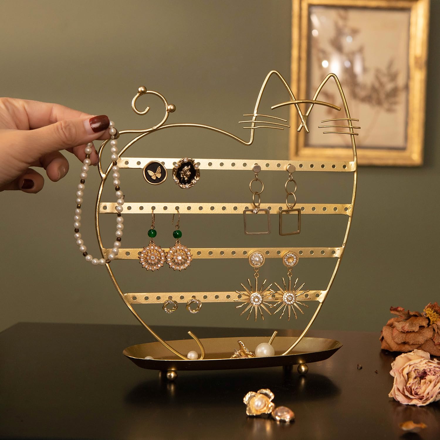 NIKKY HOME Katzen-Ohrringhalter zum Aufhängen, Metall, Schmuckbaum, Tischplatte, Ohrstecker-Halter, Turm mit Ringablage und Haken für Mädchen (80 Löcher), Gold