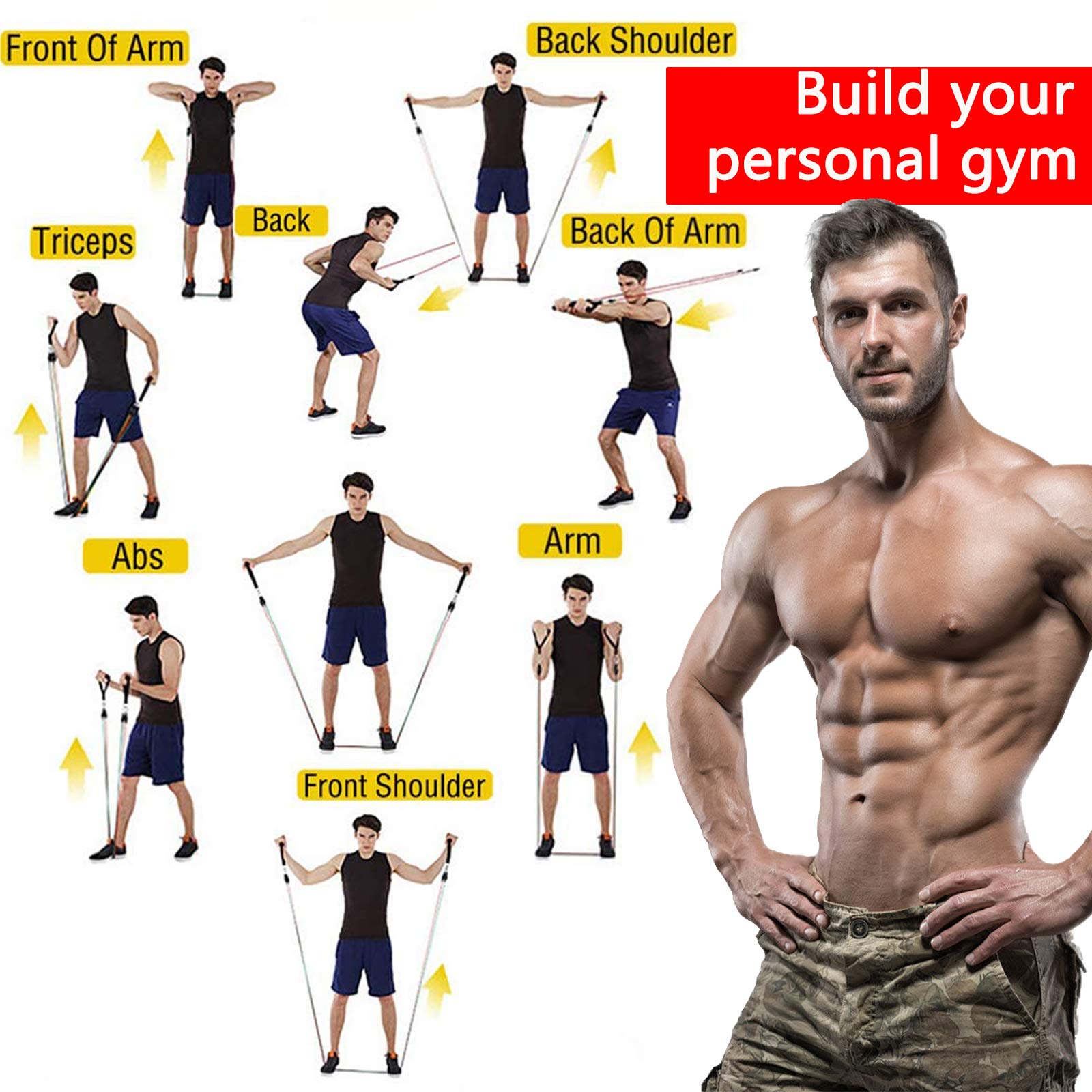 YEAHTOP Set de Bandas de Resistencia, Juego de Gomas Elásticas Fitness hasta 150lbs, Cuerdas de Entrenamiento con 5 Tubos de Látex para Ejercicios Físicos, Crossfit, Musculación, Deporte para Gym/Casa