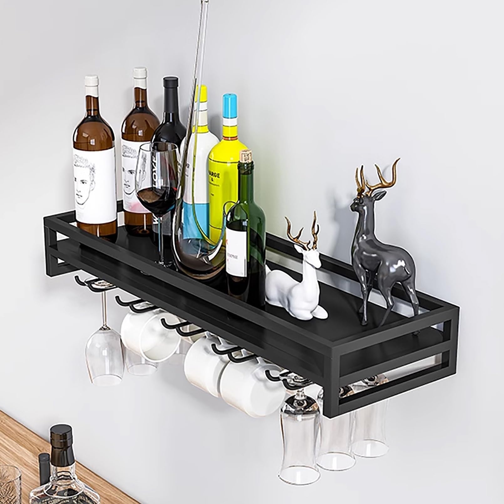Botellero Moderno de Pared de Metal con Estante de Cristal, Soporte para Copas y Enfriador de Botellas Flotante para el hogar, Bar, Cocina, cafetería o Bodega.