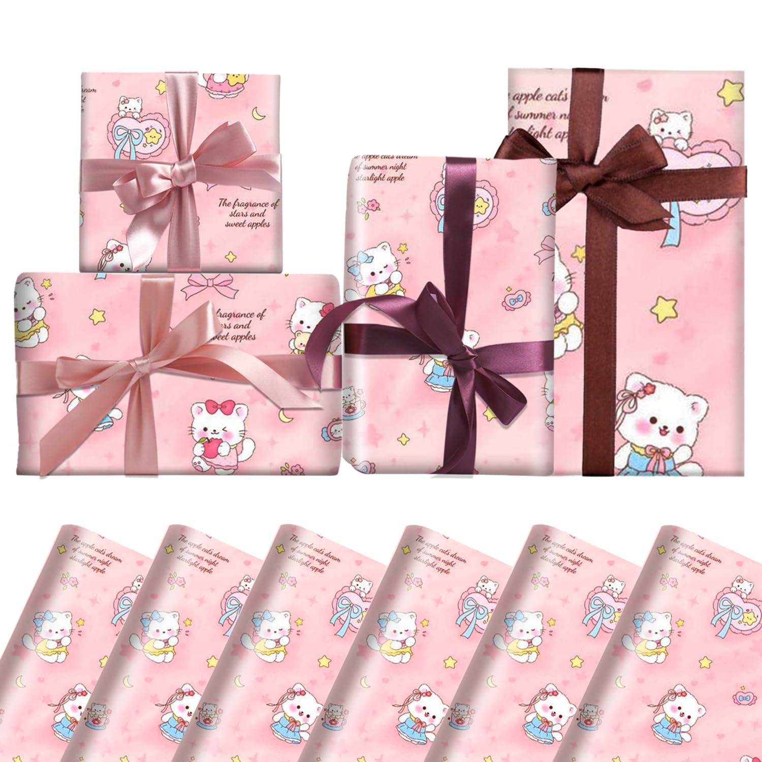 6 Sheets Cartoon kitten Gift Wrapping Paper, 70x50cm Rose Pink Happy Birthday Christmas Decorations Gift Wrapping Paper for Girls Women, Ornaments - Plastic Free and Recyclable
