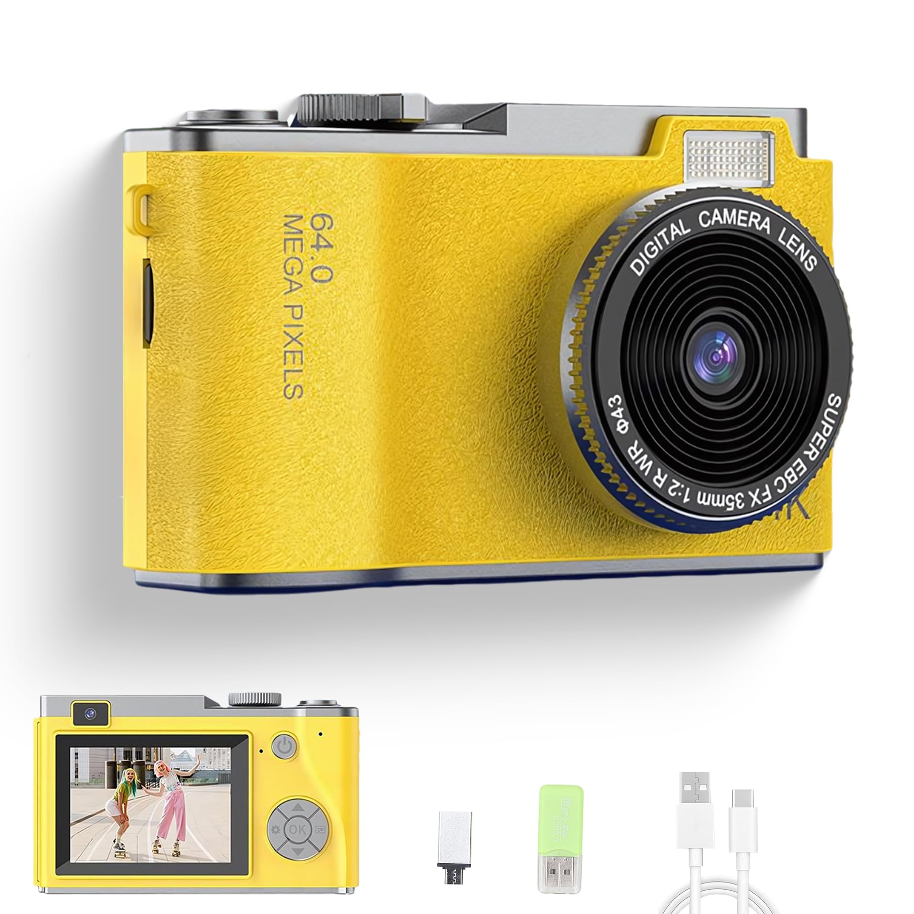 Bewinner Retro Digital Point and Shoot Camera 1080P, 48MP Vintage, FHD Selfie - 2.4in HD Screen, 16X Digital Zoom, Front & Rear Dual Lens (Yellow)
