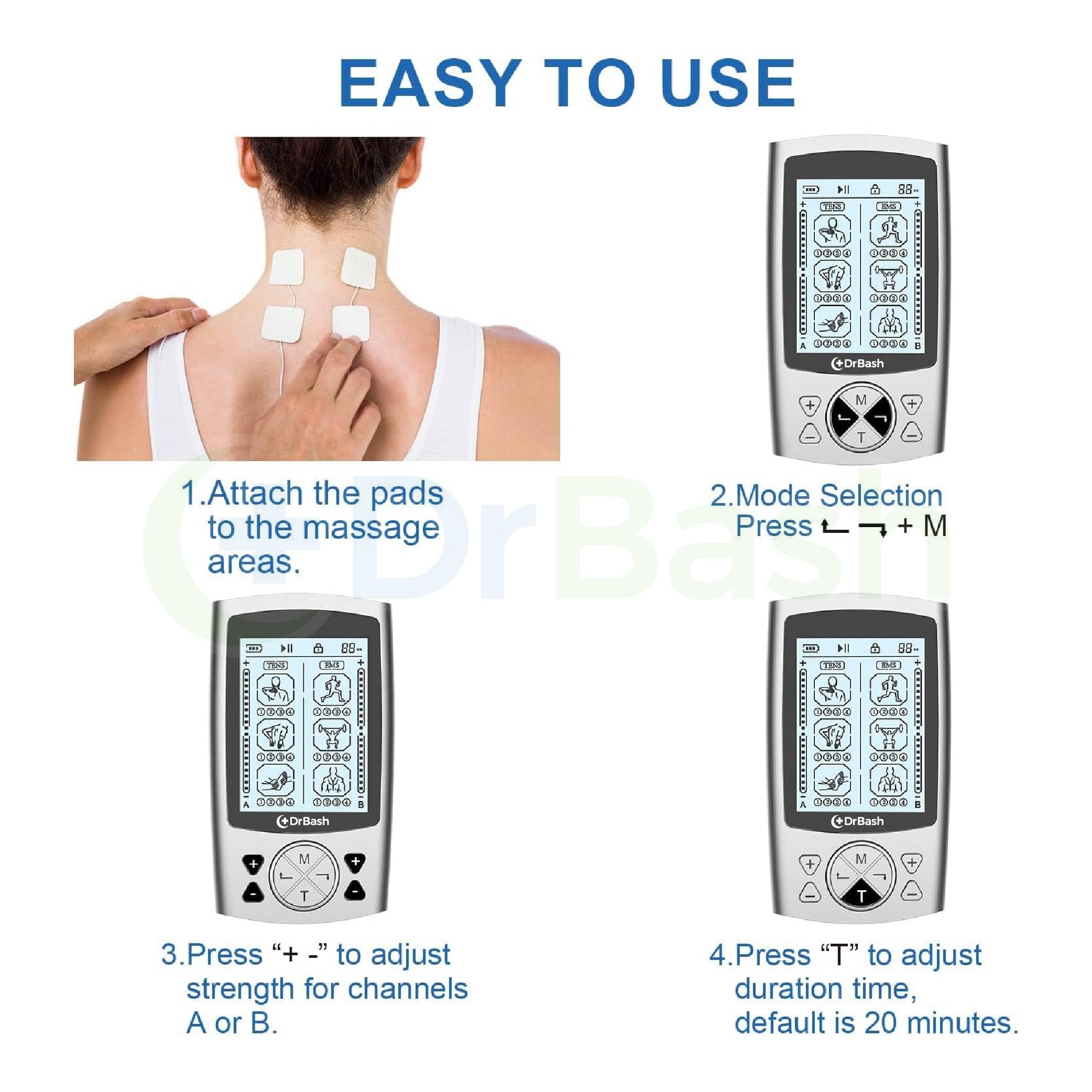 DrBash TENS & PMS Dual Channel Unit with 24 Modes Muscle Stimulator for Pain Relief Therapy