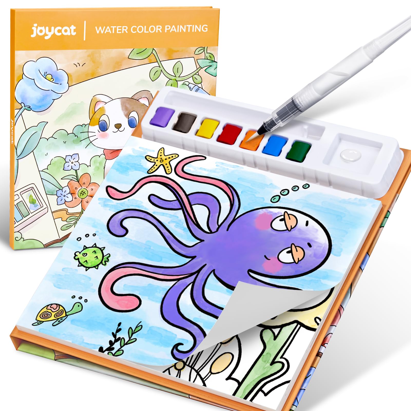 JoyCat album da colorare per bambini, set di pittura ad acquerello per bambini dai 3-5 ai 4-8 anni,attività di disegno artistico e artigianale, regalo di compleanno per ragazzi e ragazze（Arancia）