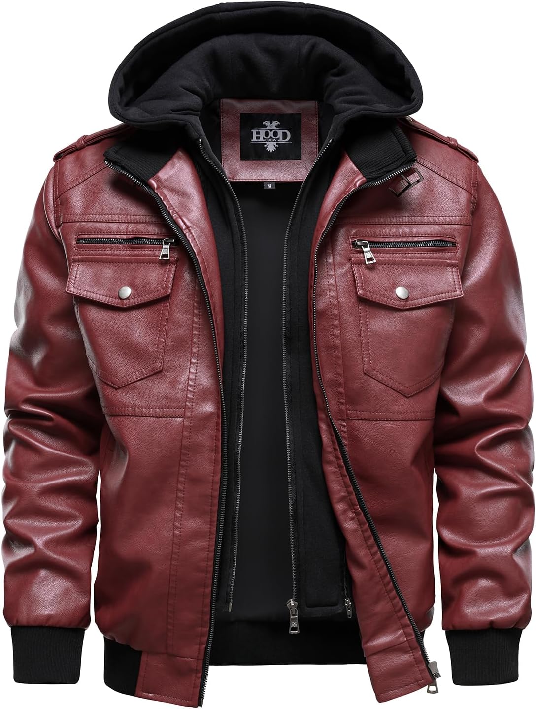 HOOD CREW Men's Faux Leather Hooded Jacket Motorcycle Jackets Water Repellent Windproof PU Moto Vintage Bomber Hoodie Coats
