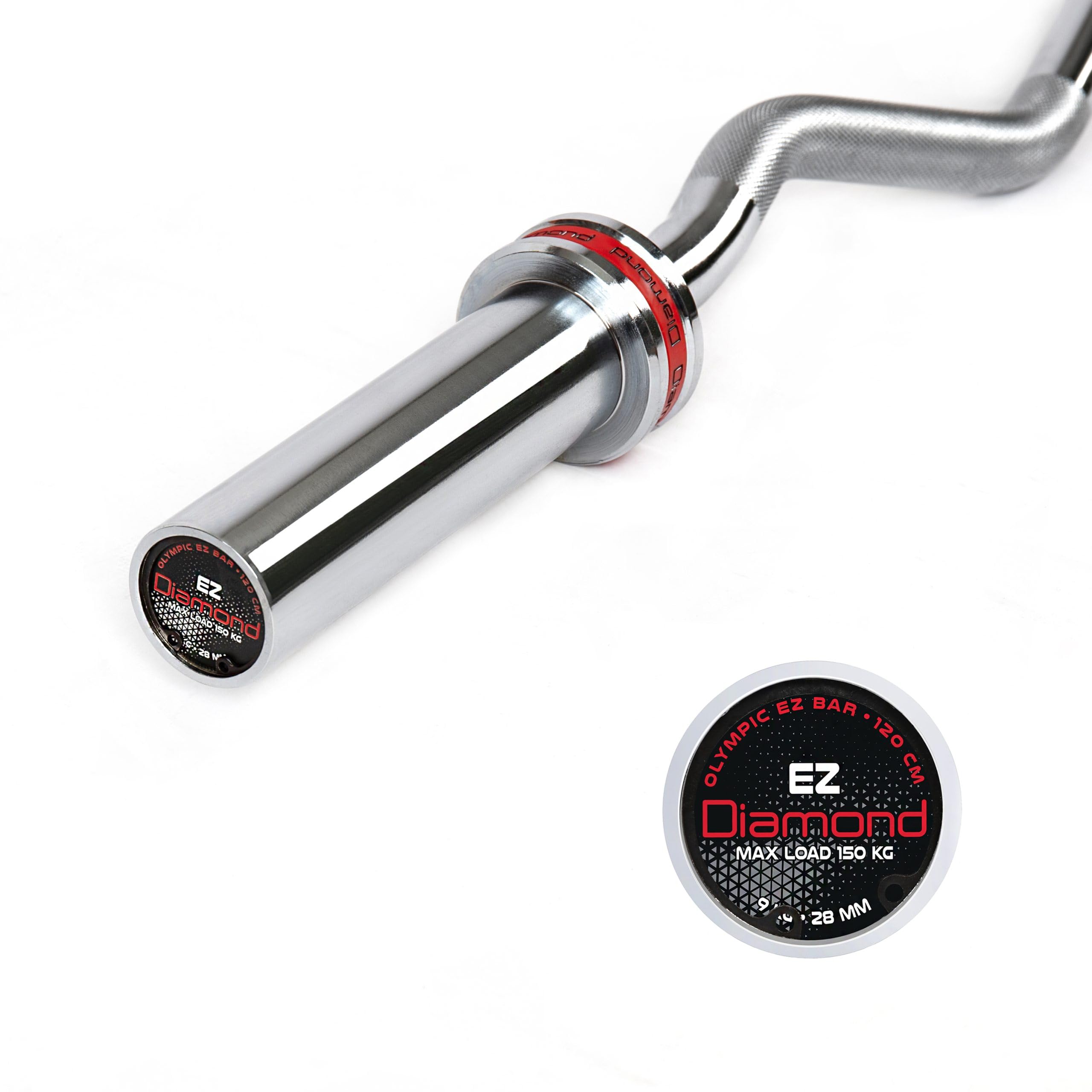Diamond Bilanciere Olimpico EZ Curl 【Ø50 mm per Dischi Olimpici】 Lunghezza 120 cm | Peso 9 kg | Impugnatura Zigrinata Ø28 mm | Manicotti Caricabili 18 cm | Max Carico 150 kg | Curl e Tricipiti