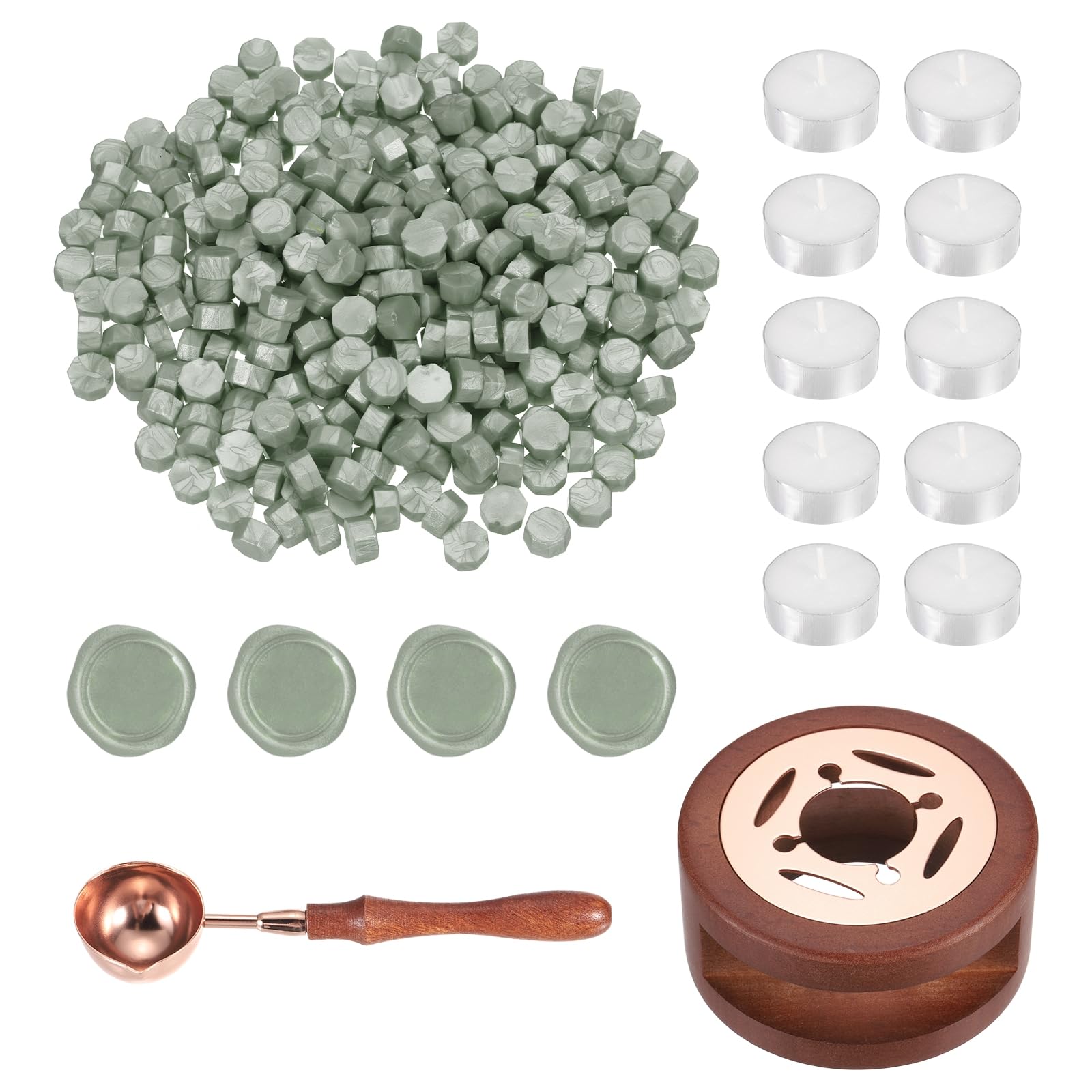 PATIKIL Wax Seal Kit, 300 Pcs Wax Sealing Beads, Wooden Warmer, Melted Spoon, 10 Pcs Tealight Candles for Envelope Letter Mailing Crafts DIY, Green Silver — image 1