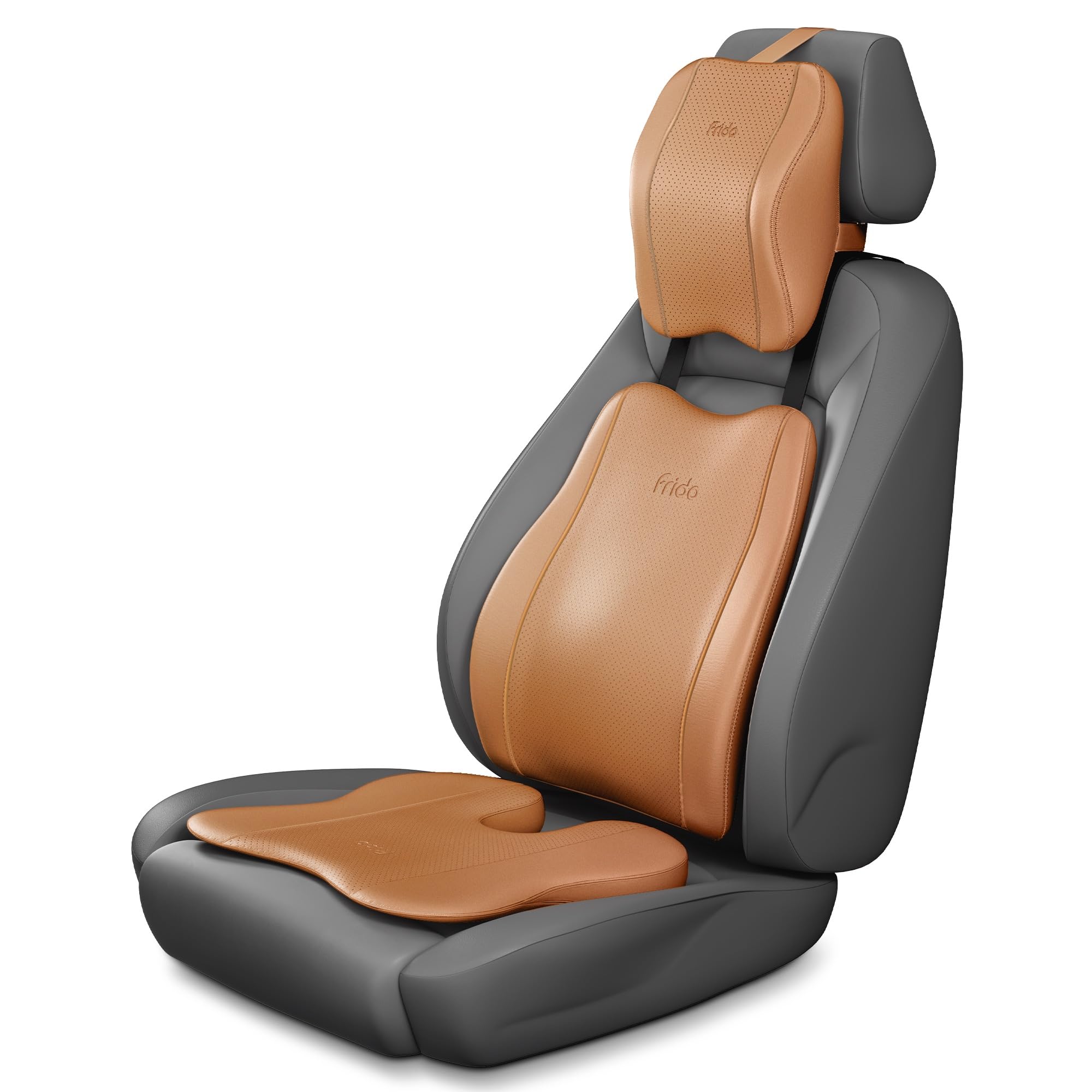 Frido Premium Car Comfort Bundle with Memory Foam Neck Rest, Lumbar Backrest and Wedge Seat Cushion Set of 3, Ergonomic Neck Back and Tailbone Support for Long Drives and Daily Commutes | Tan-image-26