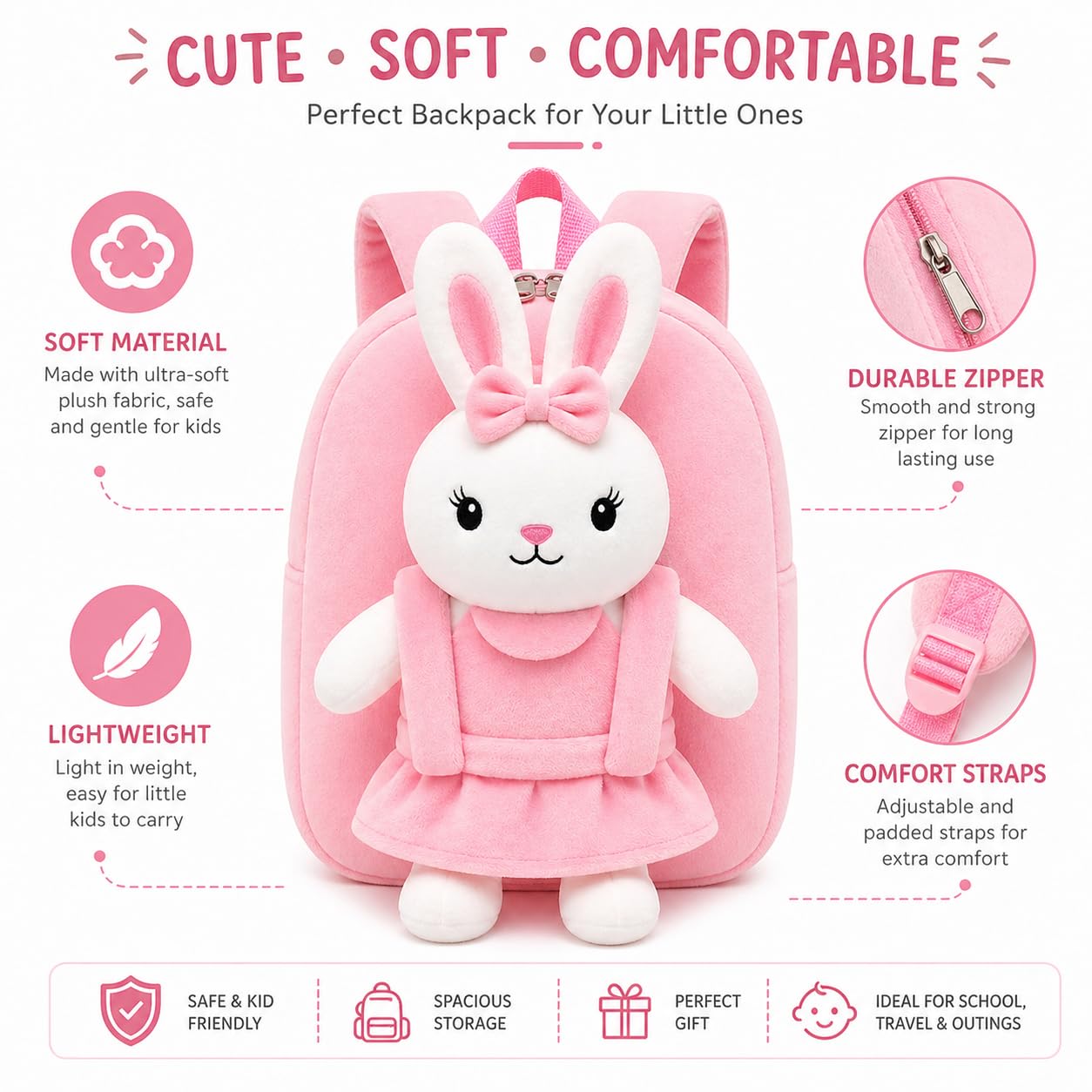 LUXIVA Cute Bunny Plush Backpack for Kids (2–5 Years) | Soft Toy School Bag for Boys & Girls | Lightweight Nursery Travel Backpack | Mini Toddler Bag with Zipper Pocket 2