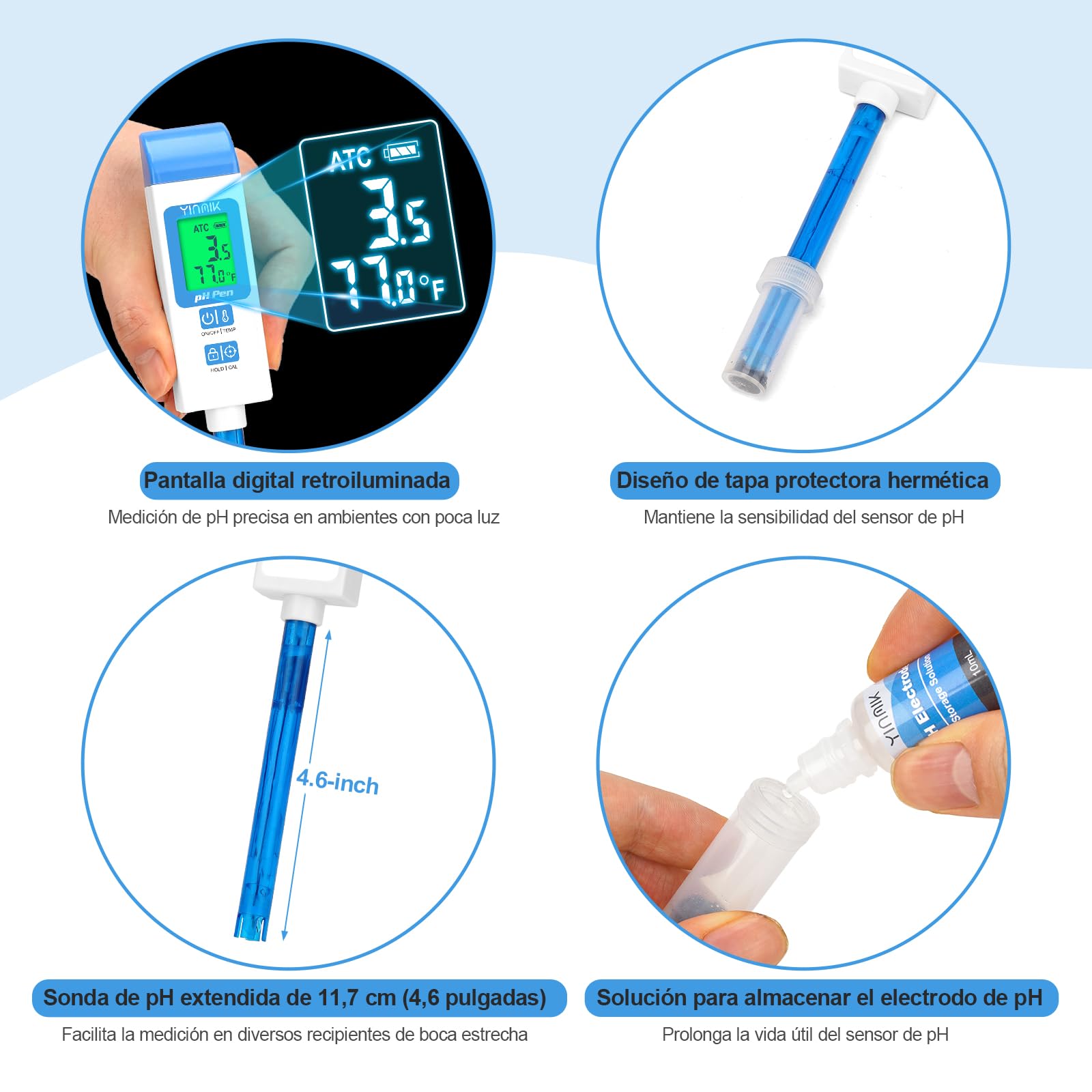 YINMIK Medidor de pH de Calidad de Agua, Probador de pH Digital | Lector de pH, Kit Profesional de Prueba de pH y Temperatura, Adecuado para Alimentos Enlatados, Varias Soluciones.