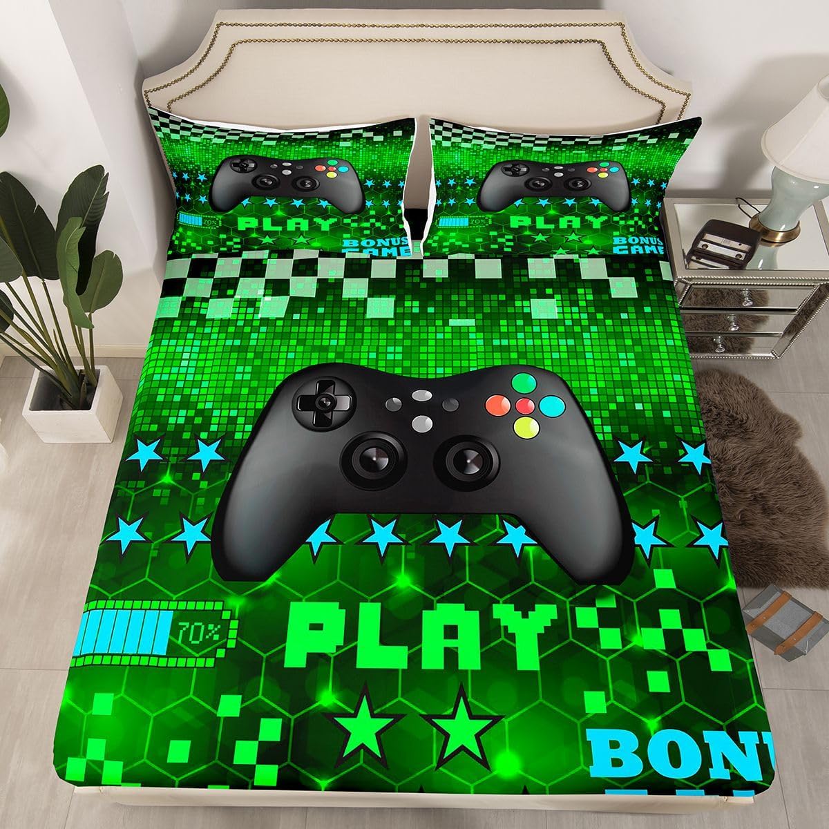 Feelyou Gamer Bedding Sheets Gaming Bed Sheet Set for Kids Boys Game Controller Geometric Pattern Bedding Fitted Sheet Vedio Game Gampad Bed Cover Red 1 Bed Sheet Set with 2 Pillowcases Full Size