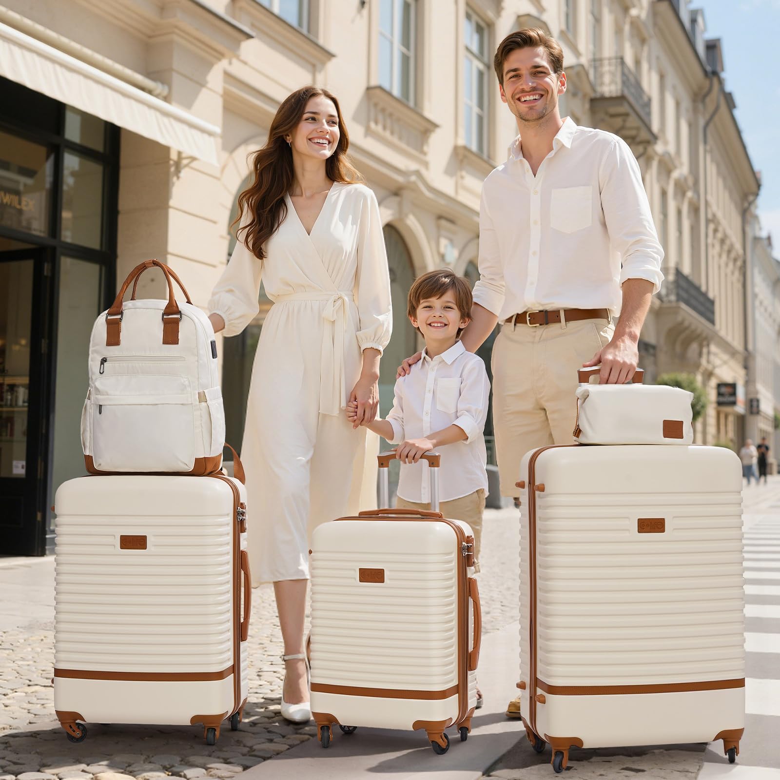COOLIFE Set Valigie,Set di Valigie,Trolley da Viaggio con 4 Rotelle Girevoli a 360° TSA Serratura 1 zaino da viaggio e 1 Borsa da toilette Incluso (Albicocca/Bianco, Set da 5 Pezzi)