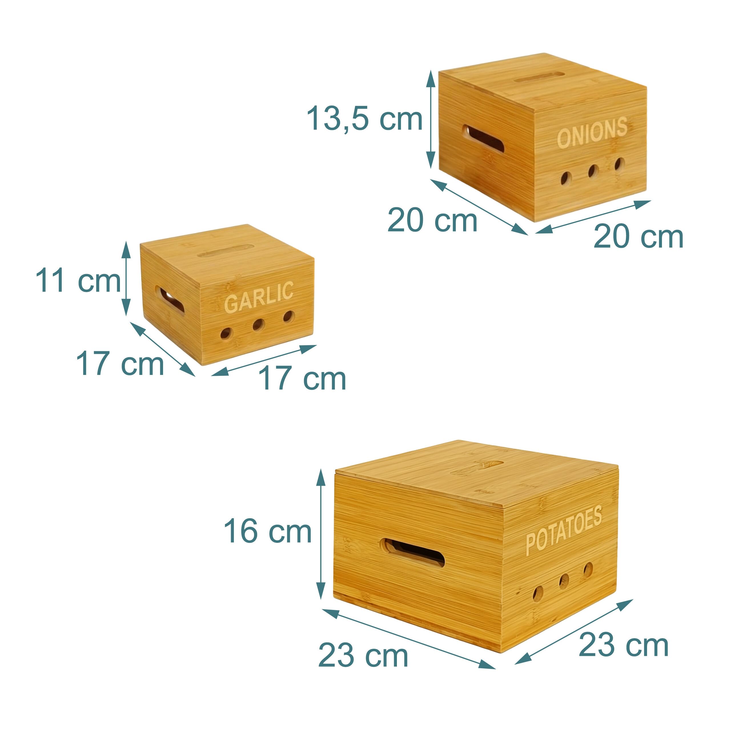 Relaxdays Cajas de almacenamiento de bambú natural, 3 tamaños, cocina | para patatas, cebollas y ajo