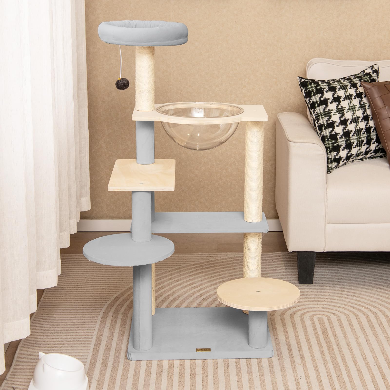 GYMAX Albero per Gatti, 50 x 40 x 113 cm, Piattaforme per Salti, Posatoio Superiore, Capsula Spaziale, Torre con Tiragraffi, Giocattolo Sospeso con Campanella per Gatti Adulti e Gattini