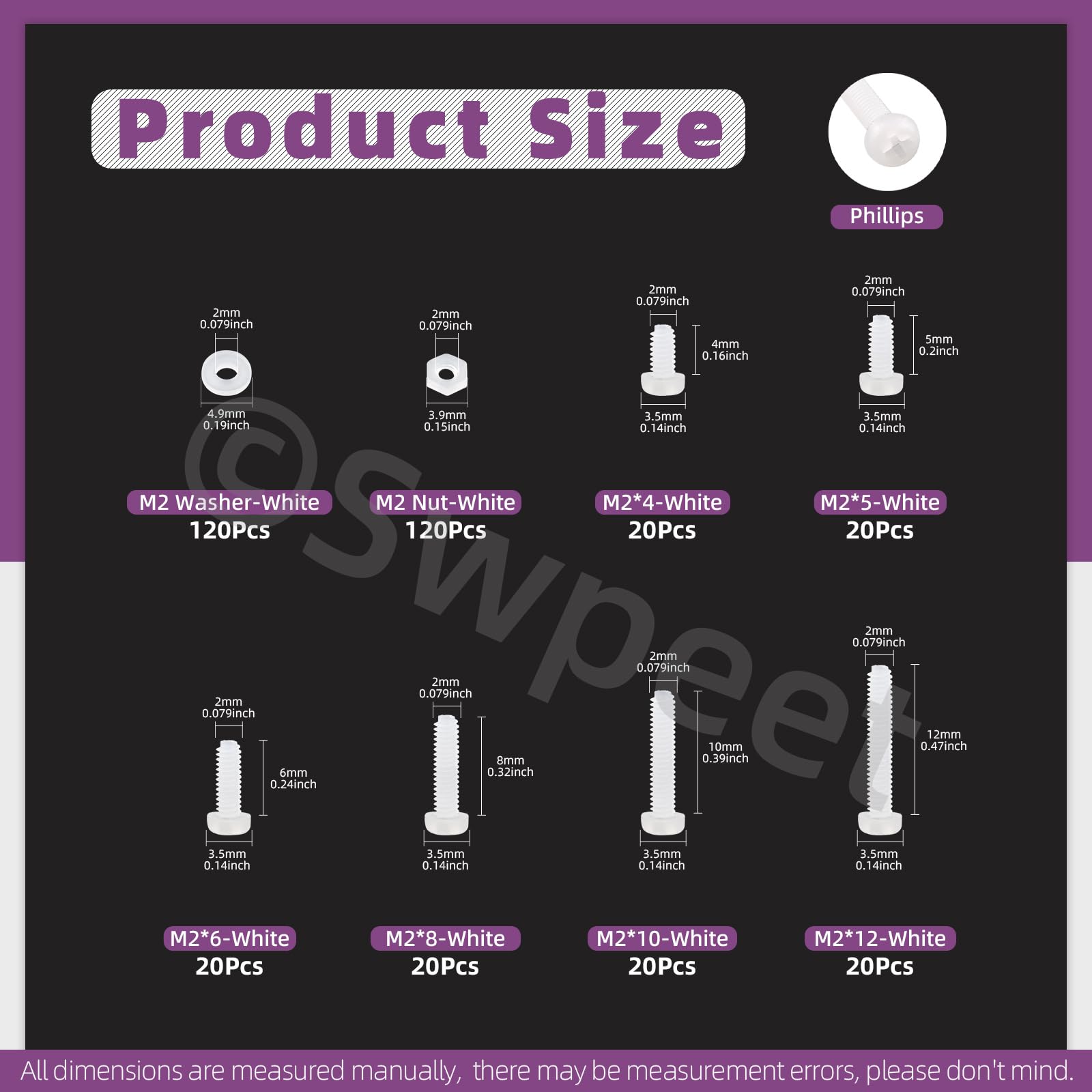 Swpeet 360 pezzi 6 misure M2 viti a testa tonda pan in nylon bianco con dadi esagonali e guarnizioni kit assortimento, viti a testa tonda pan Phillips Cross in nylon, lunghezza 4/5/6/8/10/12mm