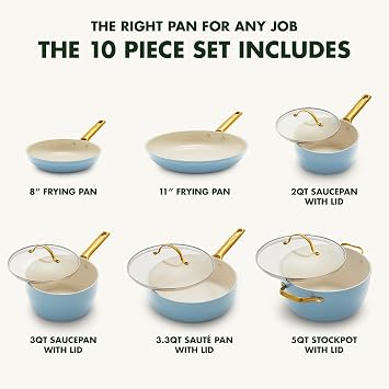 GreenPan Hard Anodized Healthy Ceramic Nonstick 10 Piece Cookware Pots and Pans Set, Gold-Tone Stainless Steel Handles, PFAS & PFOA-Free, Dishwasher Safe, Oven & Broiler Safe, Sky Blue
