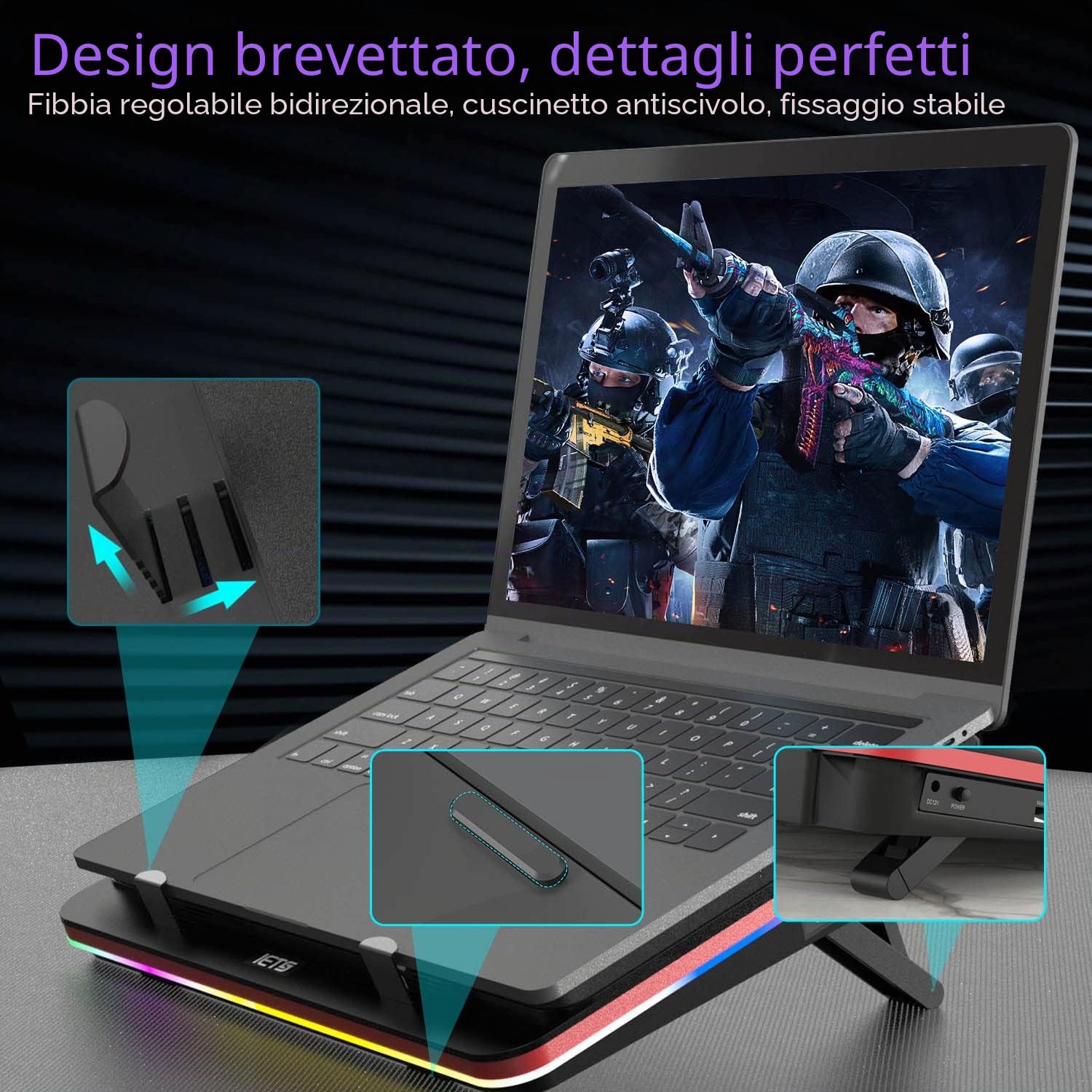 IETS GT500 Potente Turbo-Fan (4600 giri/min) RGB, con velocità infinitamente variabile, filtro antipolvere per proteggere il computer portatile, 13-17.3 pollici