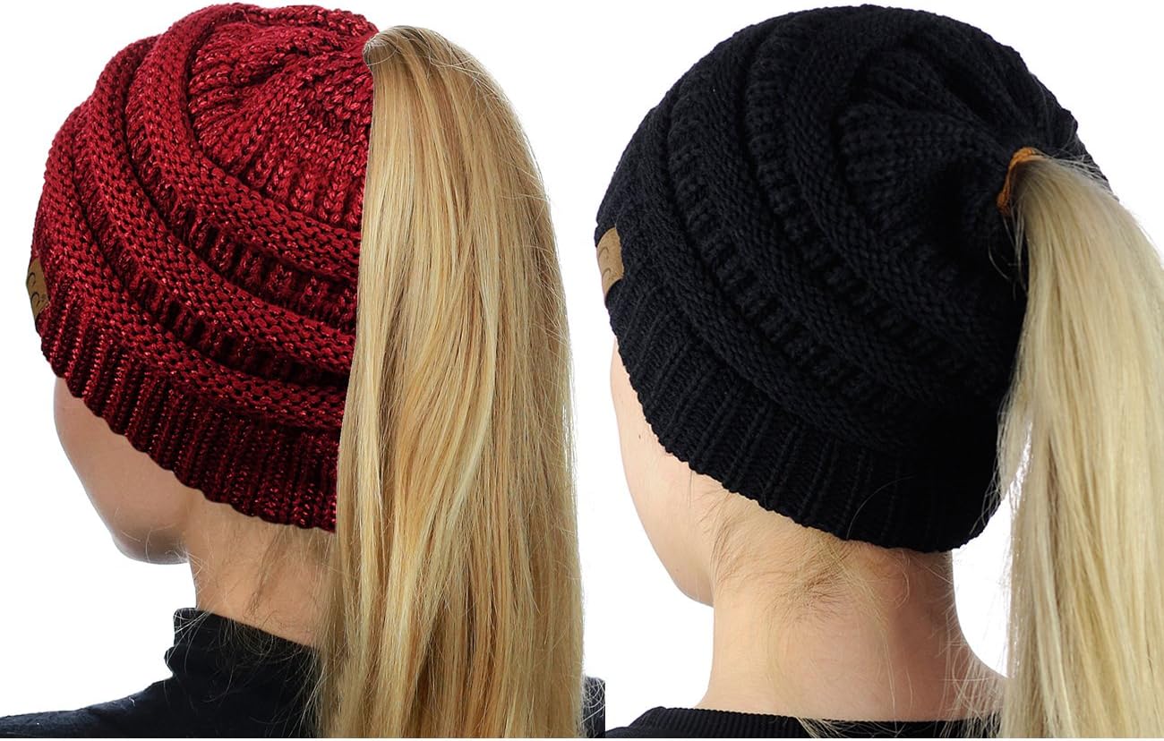 C.C BeanieTail Soft Stretch Cable Knit Messy High Bun Ponytail Beanie Hat, 2 Pack