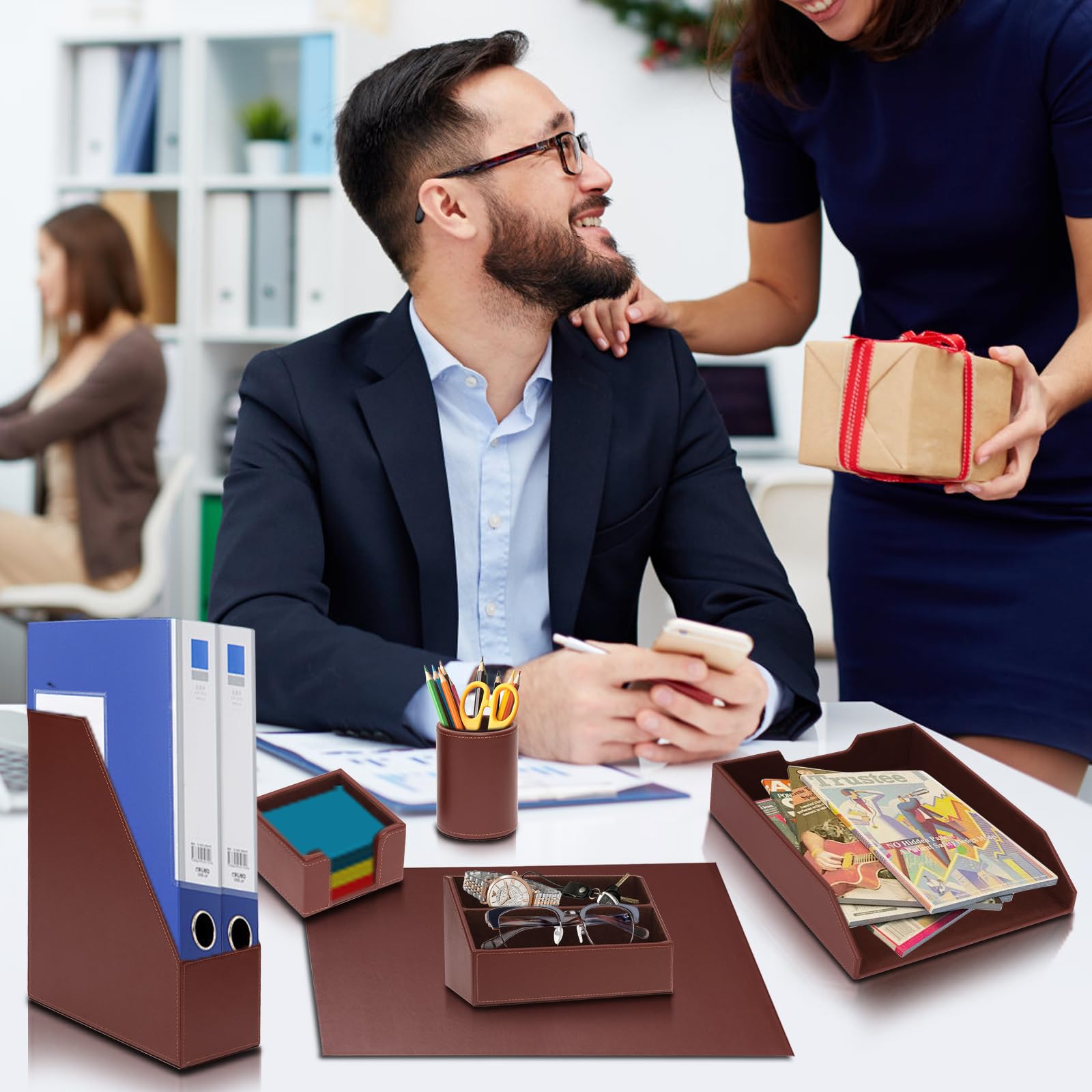 Lot de 6 organiseurs de bureau en cuir avec bloc-notes, plateau à papier, porte-revues, pot à stylos, marron
