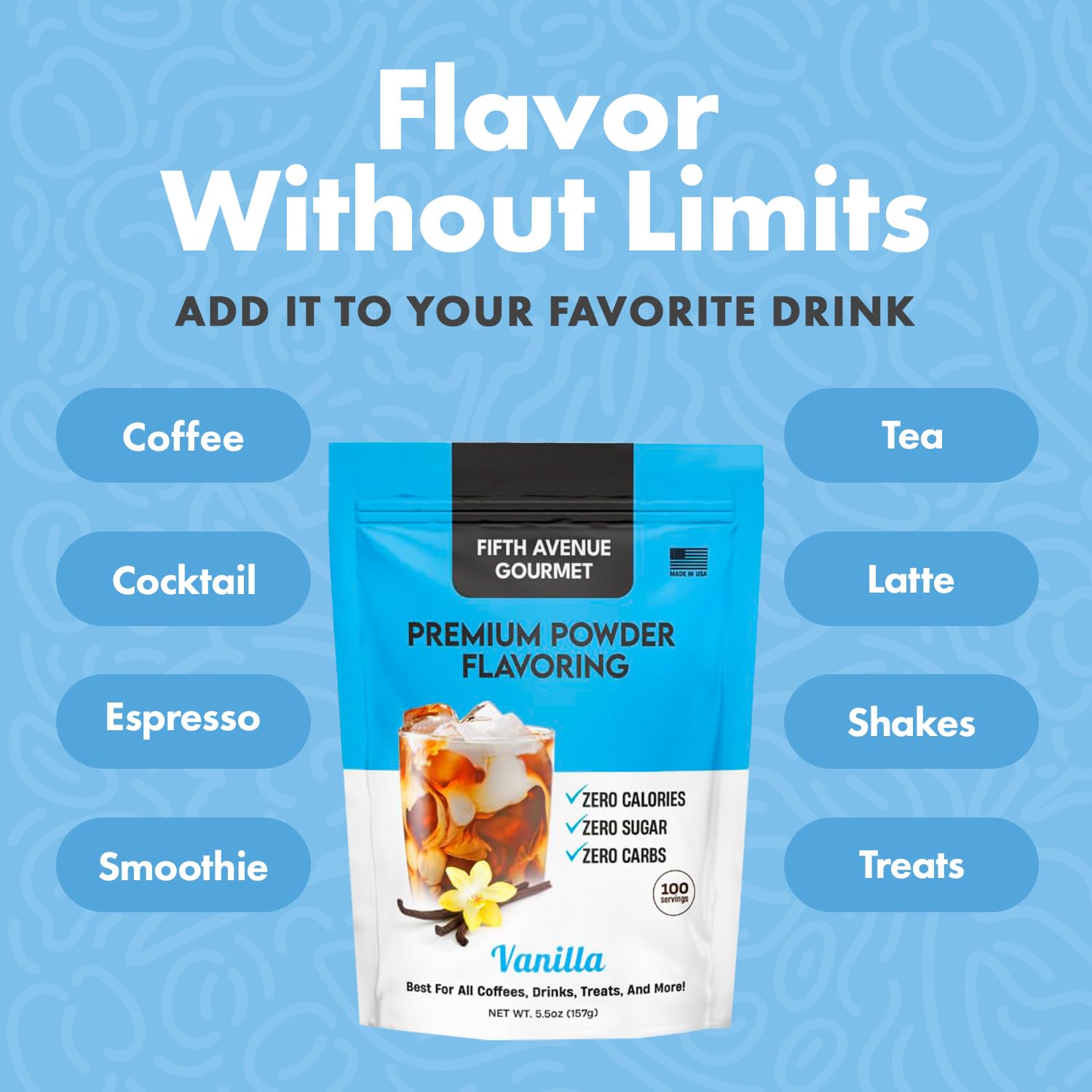 Fifth Avenue Gourmet Premium Powder Flavoring, Zero Sugar, Calories & Carbs, 157g Vanilla Powder for Coffee, Drinks & Treats, Ideal for Keto & Low-Carb Lifestyles - 100 Servings, Vanilla