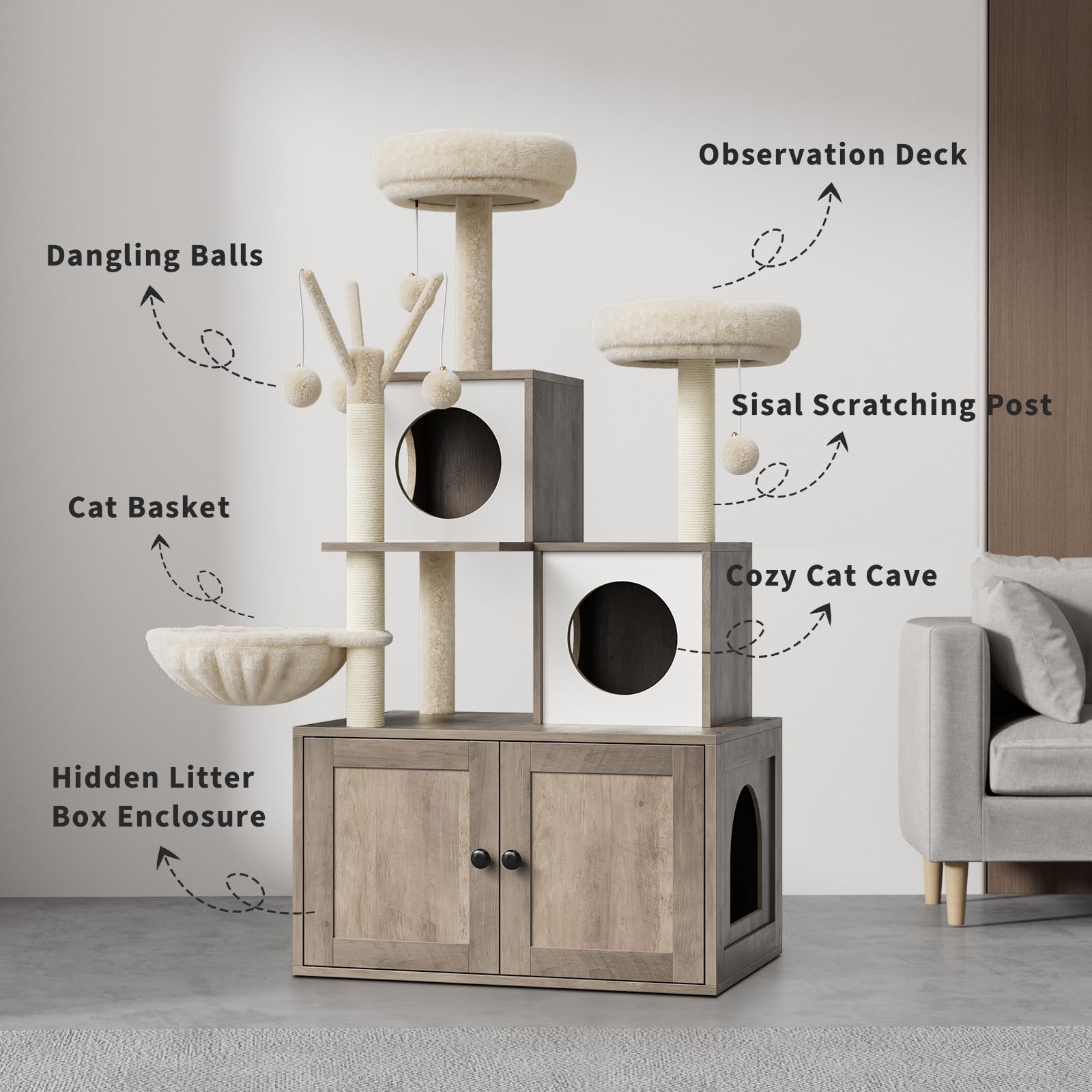 IDEALHOUSE Katzenklo Schrank Mit Kratzbaum, Katzenmöbel Holz | Modernes Katzenmöbel mit versteckter Katzentoilette, Sisal-Kratzsäule, Plüsch-Liegeplatz und mehreren Ebenen zum Klettern