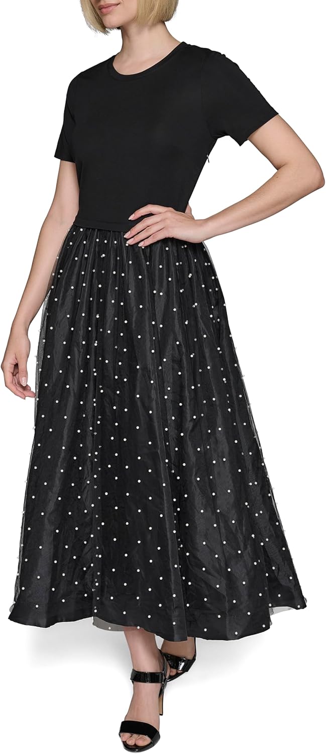 KARL LAGERFELD Womens Pearl Mesh Short Sleeve Round Neck Midi Dress - Image 2