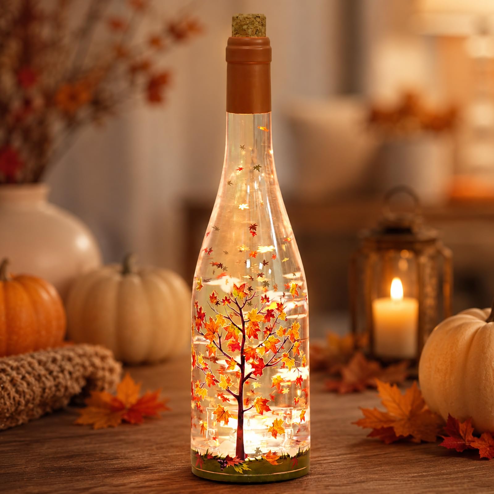 Décoration d'automne en forme de boule à neige, lanterne à paillettes en érable éclairée avec minuterie de 6 heures, décoration d'automne à piles pour décoration d'automne pour la maison, affichage de