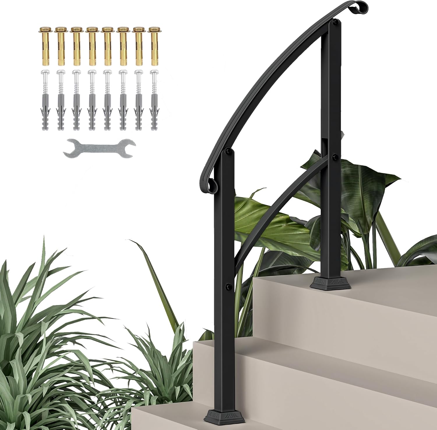 Outsunny Hand Rails for Outdoor Steps, 1-3 Step Outdoor Stair Railing, Metal Staircase Handrail with Installation Kit for Porch Deck Wood Concrete Steps, Black