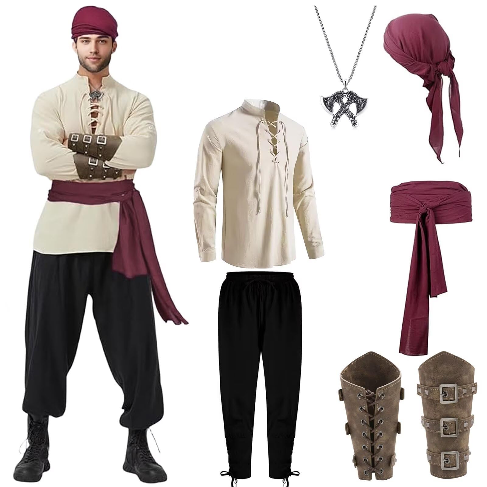 BOYIFEIJIE Pirate Costume Men's Medieval Clothing Men's Set, Renaissance Costume Set Halloween Carnival Cosplay Viking Costume (M)