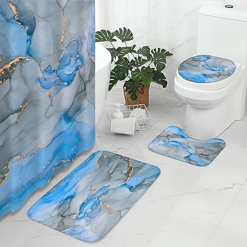 Miniatura 26 de Gibelle Juego de 4 cortinas de ducha de baño con alfombras antideslizantes, cubierta para tapa de inodoro y tapete de baño, juego de decoración