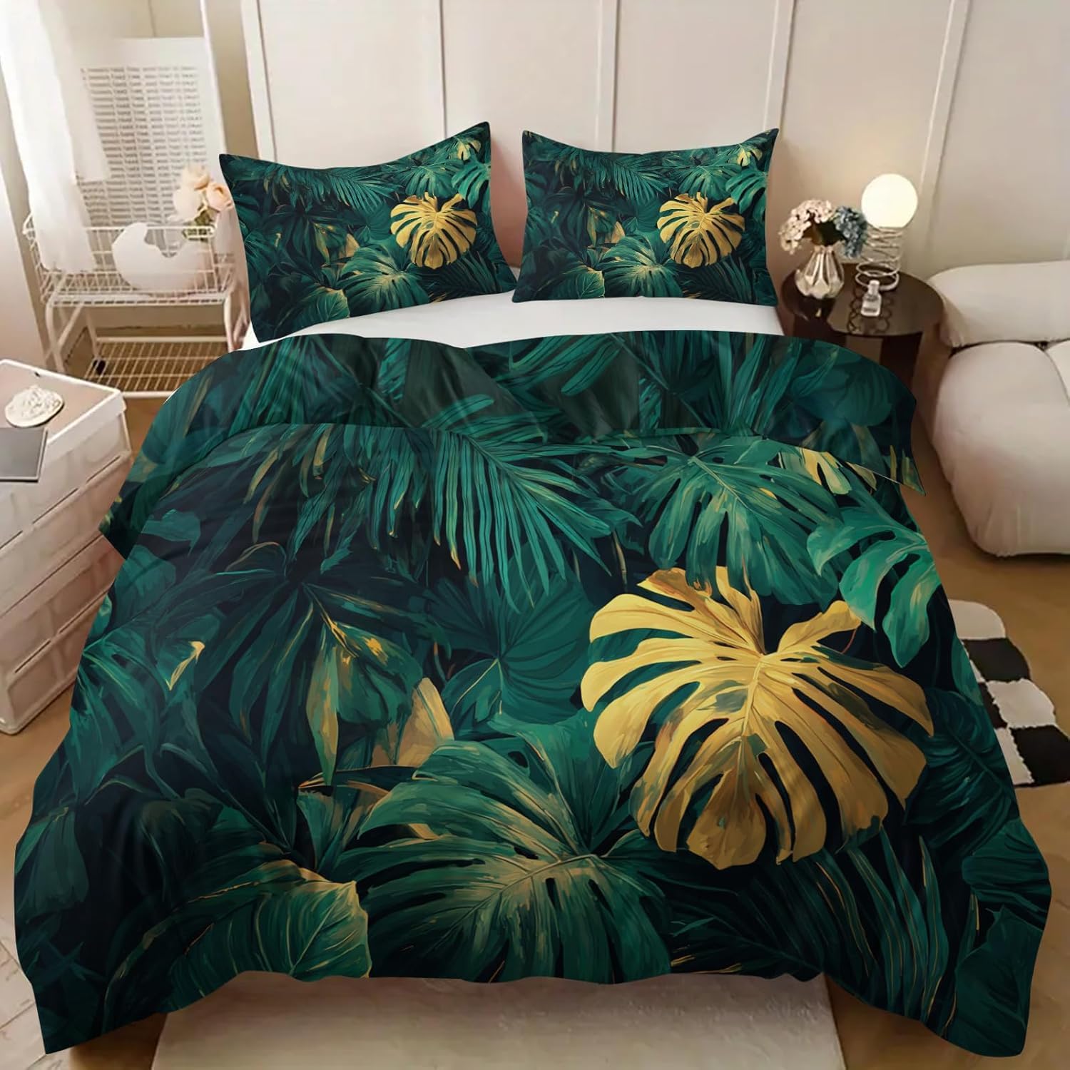 Funda Nórdica Cama 180 Hojas De Monstera y Palmera Reversible Funda de Edredón 135 x 200 cm Follaje Selvático Juego de Ropa de Cama 3 Piezas en Microfibra Transpirable con Cremallera y 2 Fundas d-87