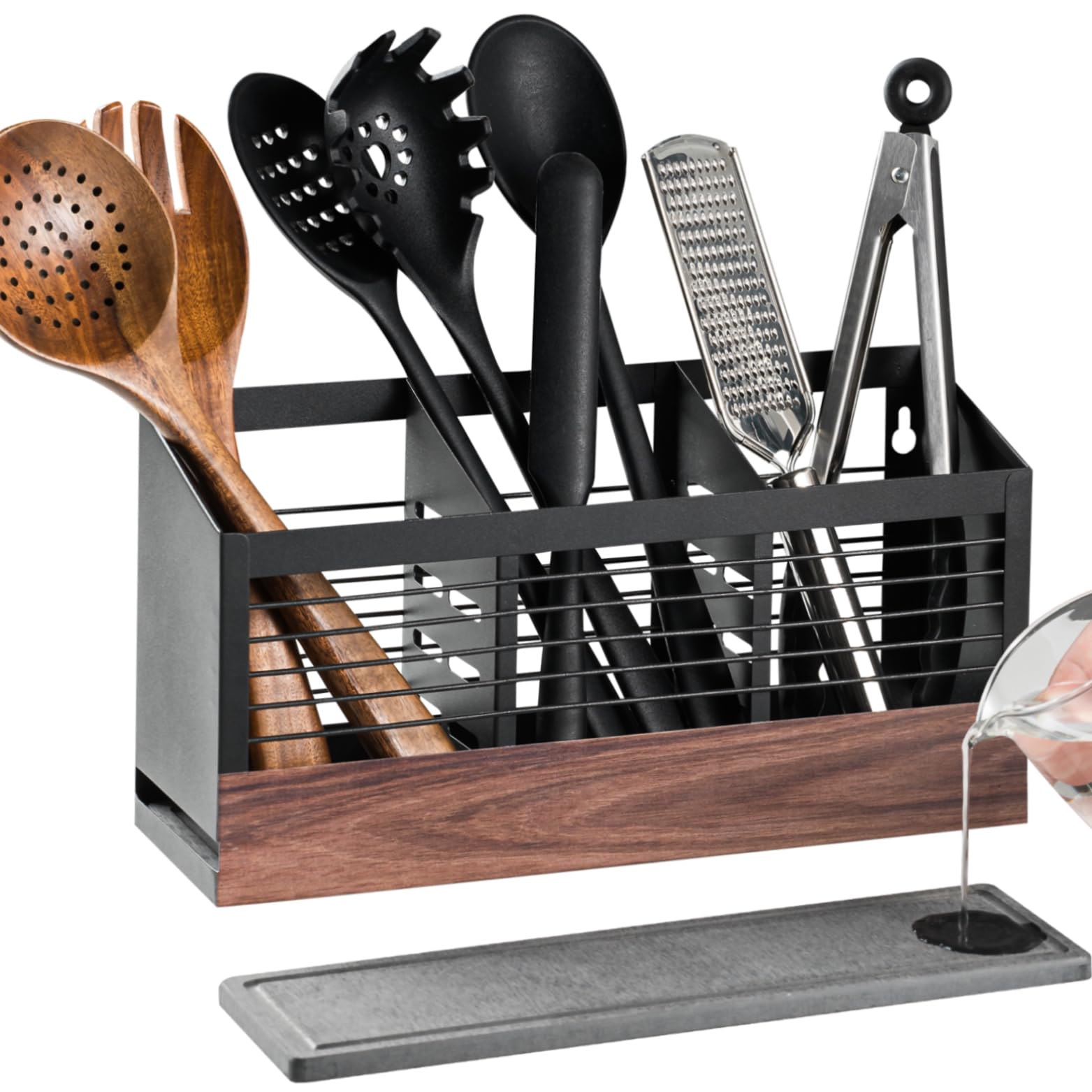 utensil holder for kitchen counter cooking utensil holder with stone drying mat for storage spatula ladle scoop in farmhouse countertop with wooden pattern printed matte black
