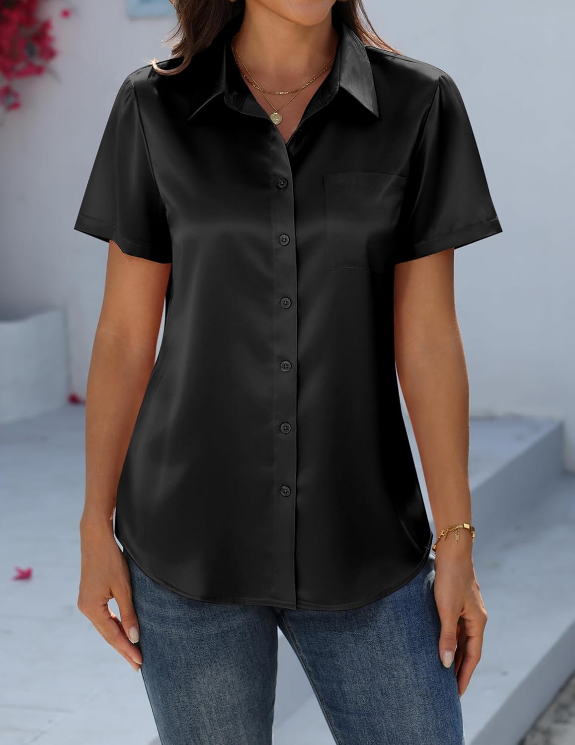 Zeagoo Satin Blouses for Women Silk Button Down Shirts Short Sleeve Business Casual Tops - Image 4