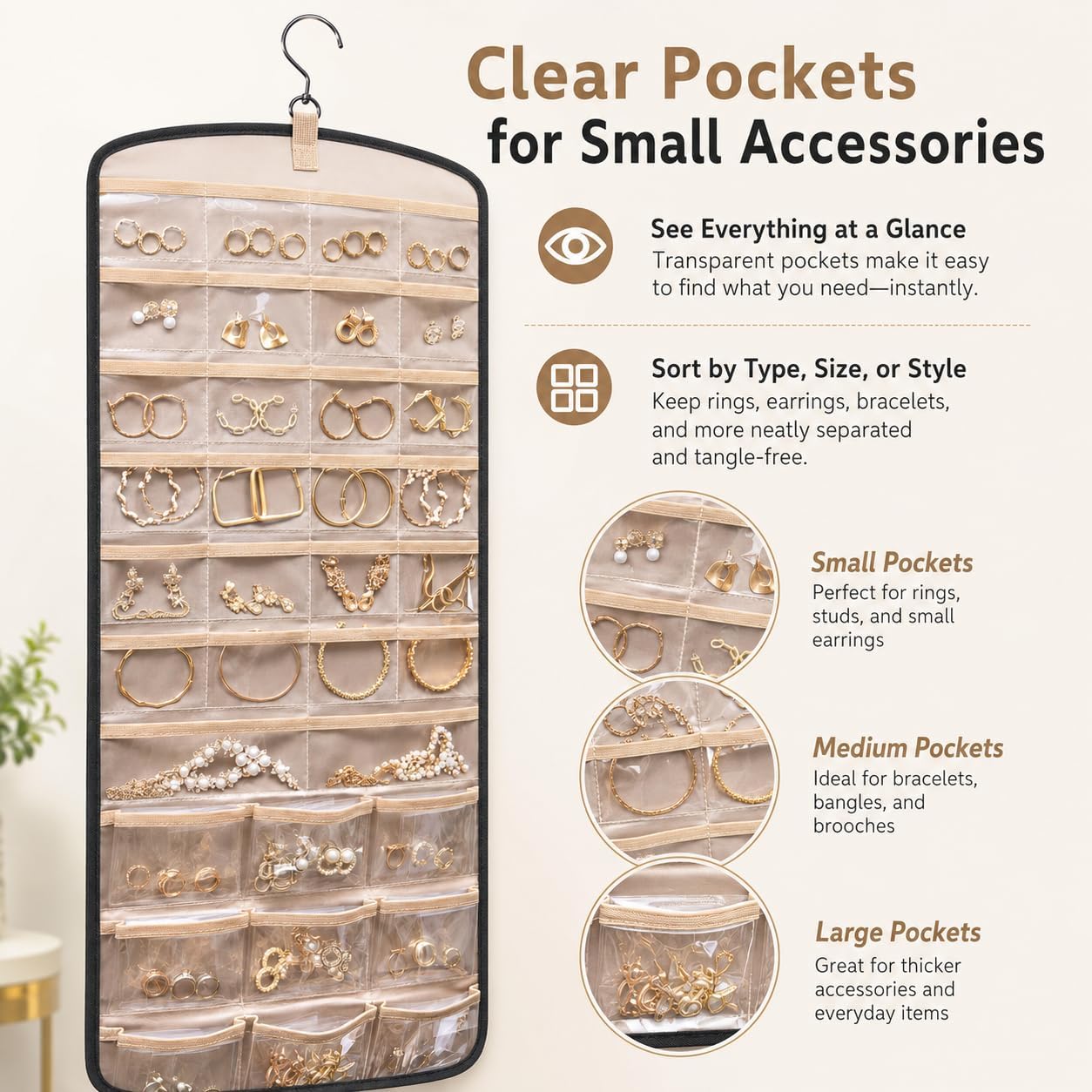 Tofficu 3-pack Hanging Jewelry Organizer Bag Double-Side Earring Holder with Clear Pockets Necklace Bracelet Storage Pouch for Closet Bedroom Wall Travel image 4