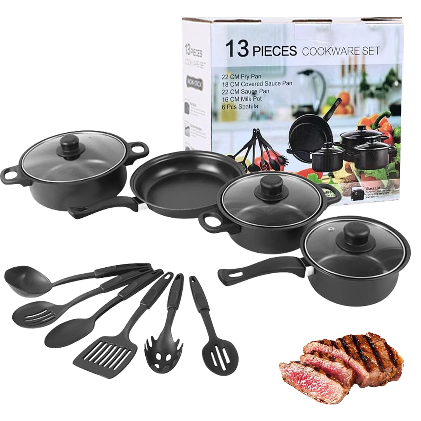 Induction Hob Pot Set 13pcs, Nonstick Pots & Spatulas Kitchen Cookware Set