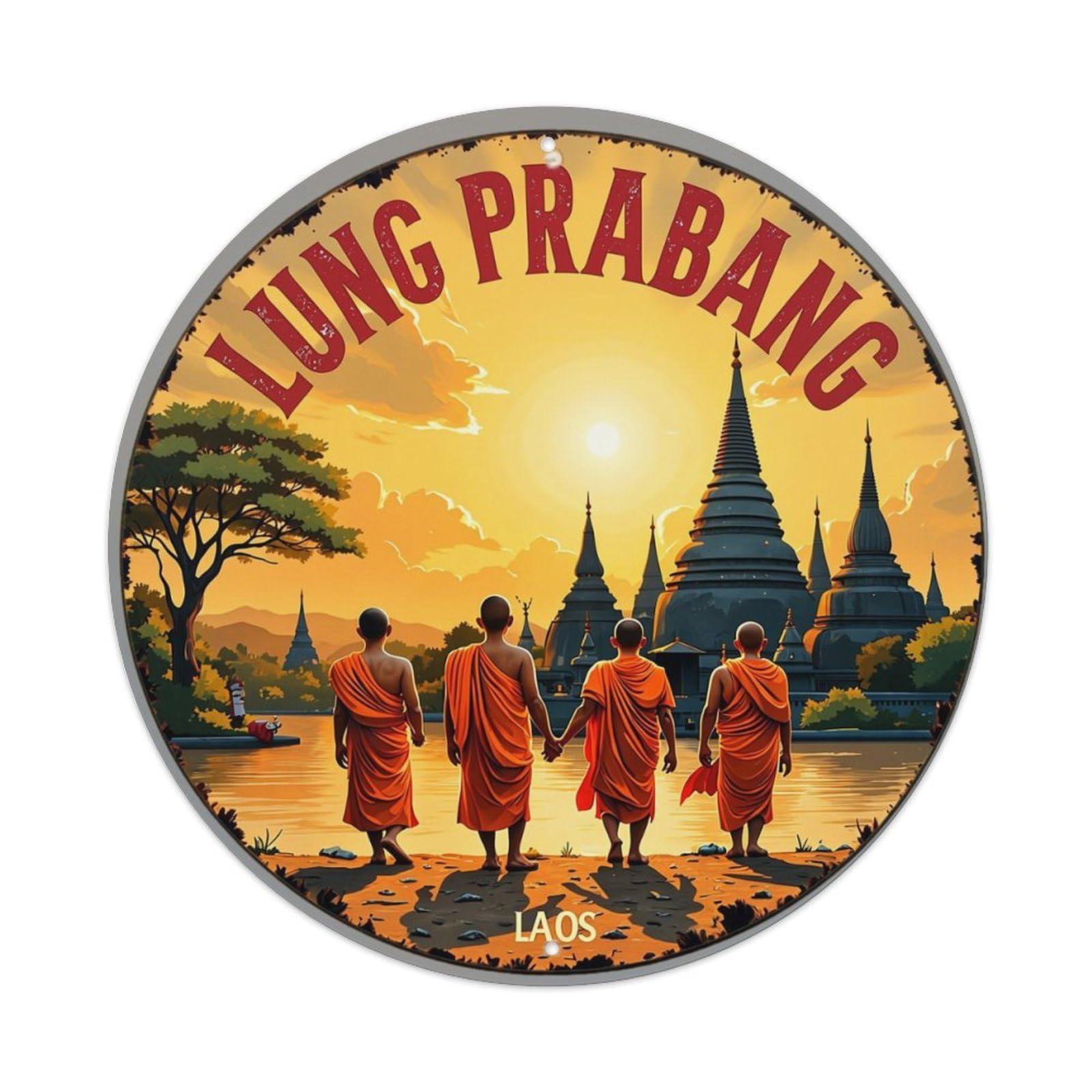Sunset Monks Temple River Laos Retro Metal Sign Round Tin Sign, Vintage Decor Art Poster for Bar, Home, Man Cave, Kitchen, Laundry Room Gift 8x8Inch