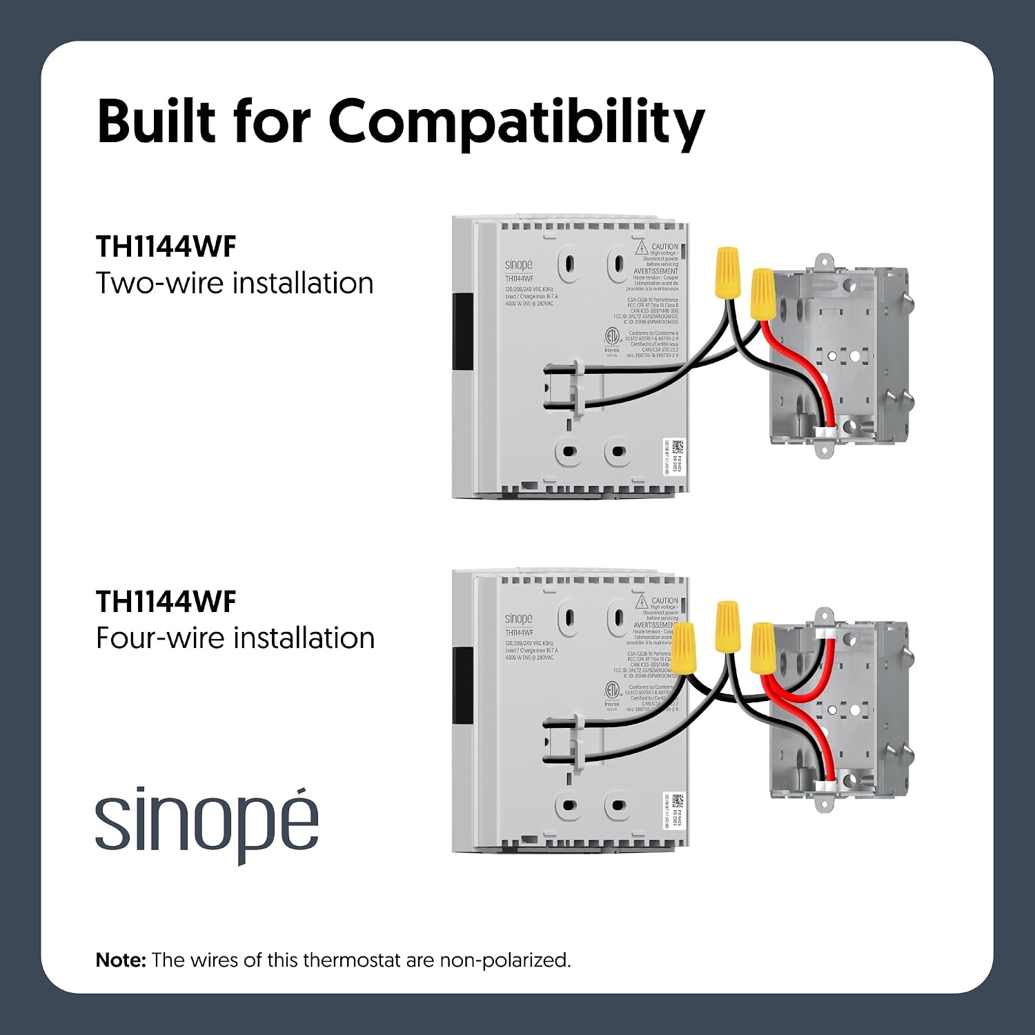 Wiring diagram for Sinopé TH1144WF thermostat showing two-wire and four-wire connections