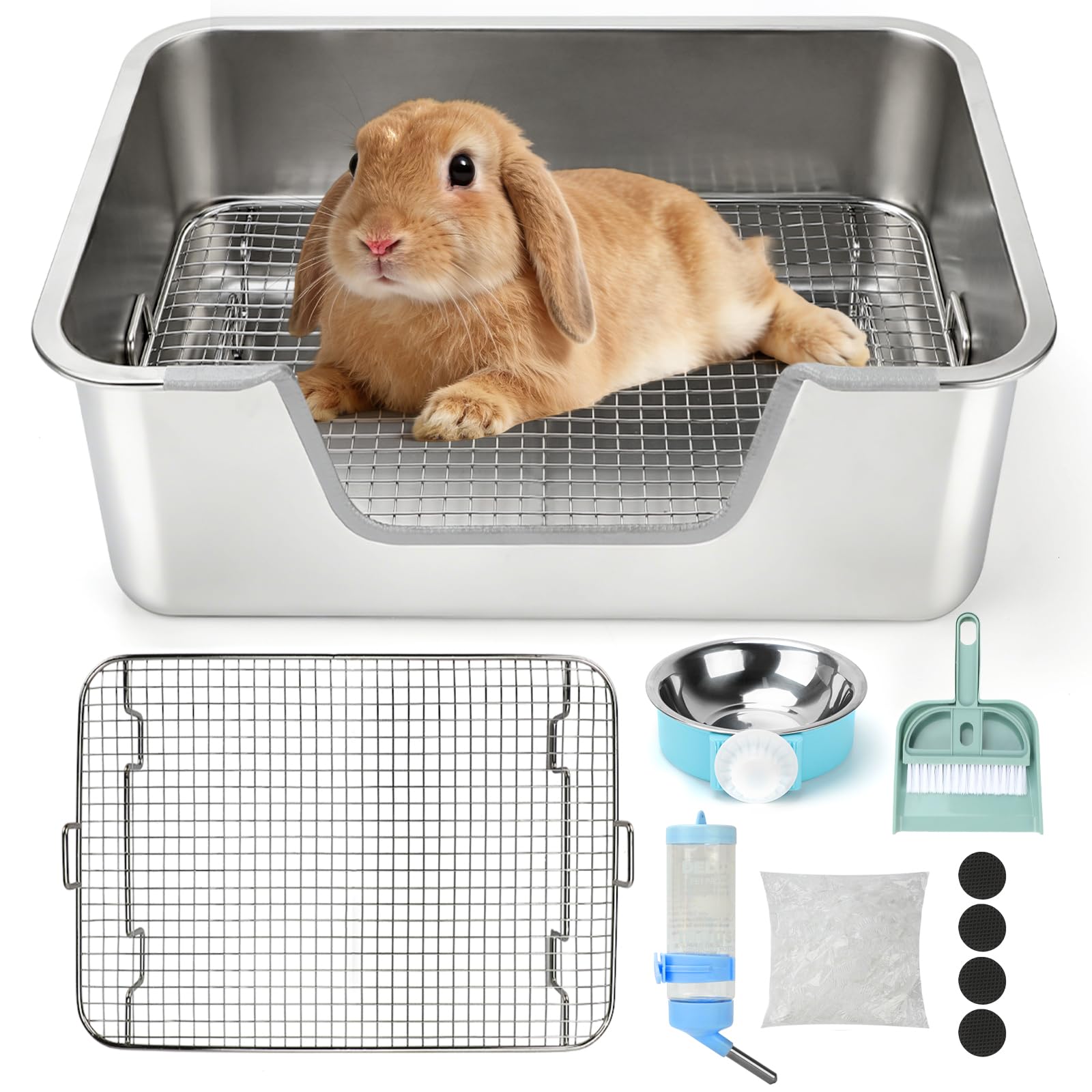 Rypet Large Rabbit Litter Box, Bunny Litter Box High Side with 304 Stainless Steel Sifting Tray, Metal Small Animal Litter Pan with Pet Food Bowl and Water Bottle, Non-Slip Easy to Clean Odor Control