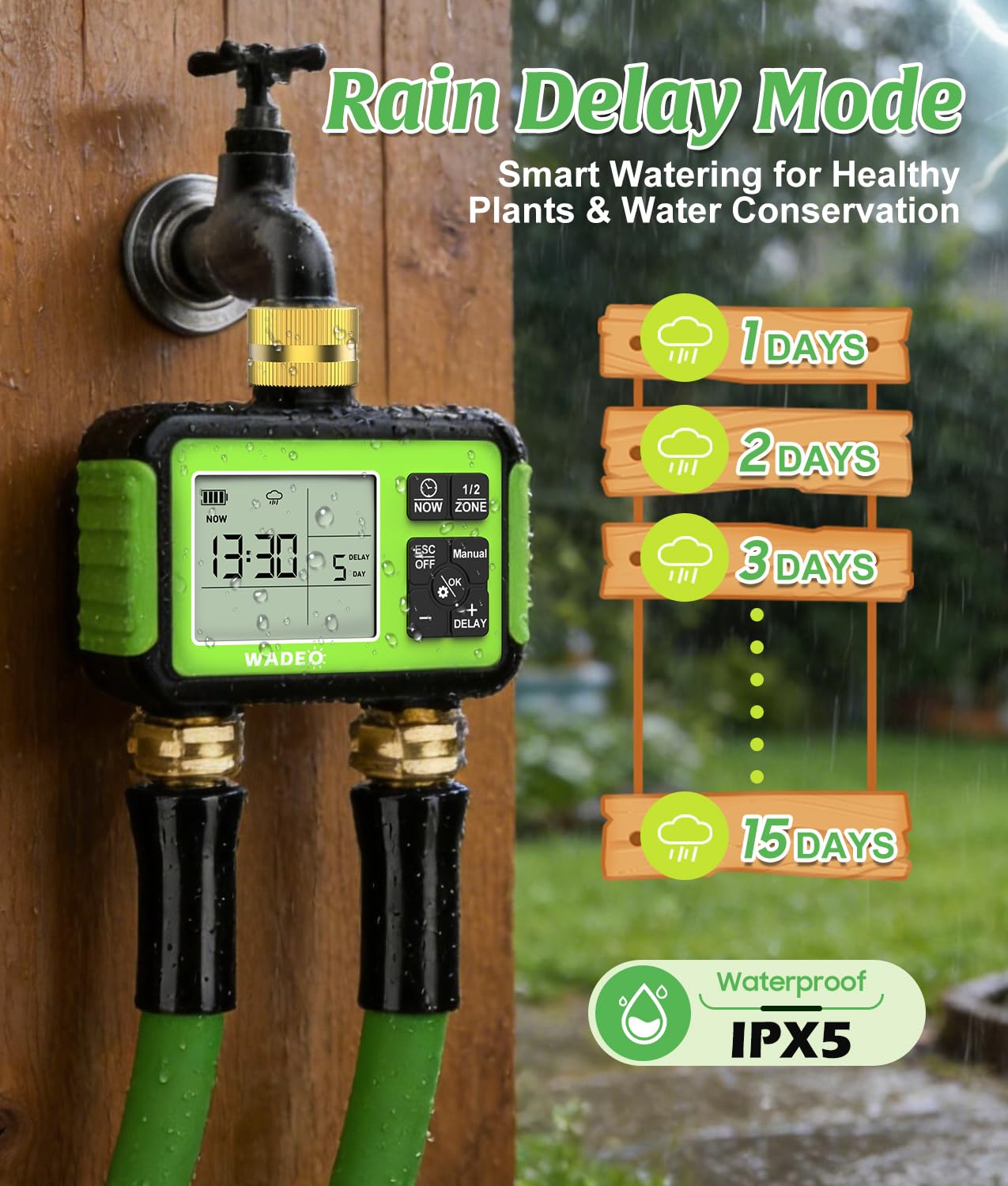 Timer irrigatore con uscita di ingresso in ottone per tubo da giardino, timer per tubo dell'acqua da esterno a 2 zone con ritardo della pioggia/auto/manuale/blocco bambini, controller di irrigazione a