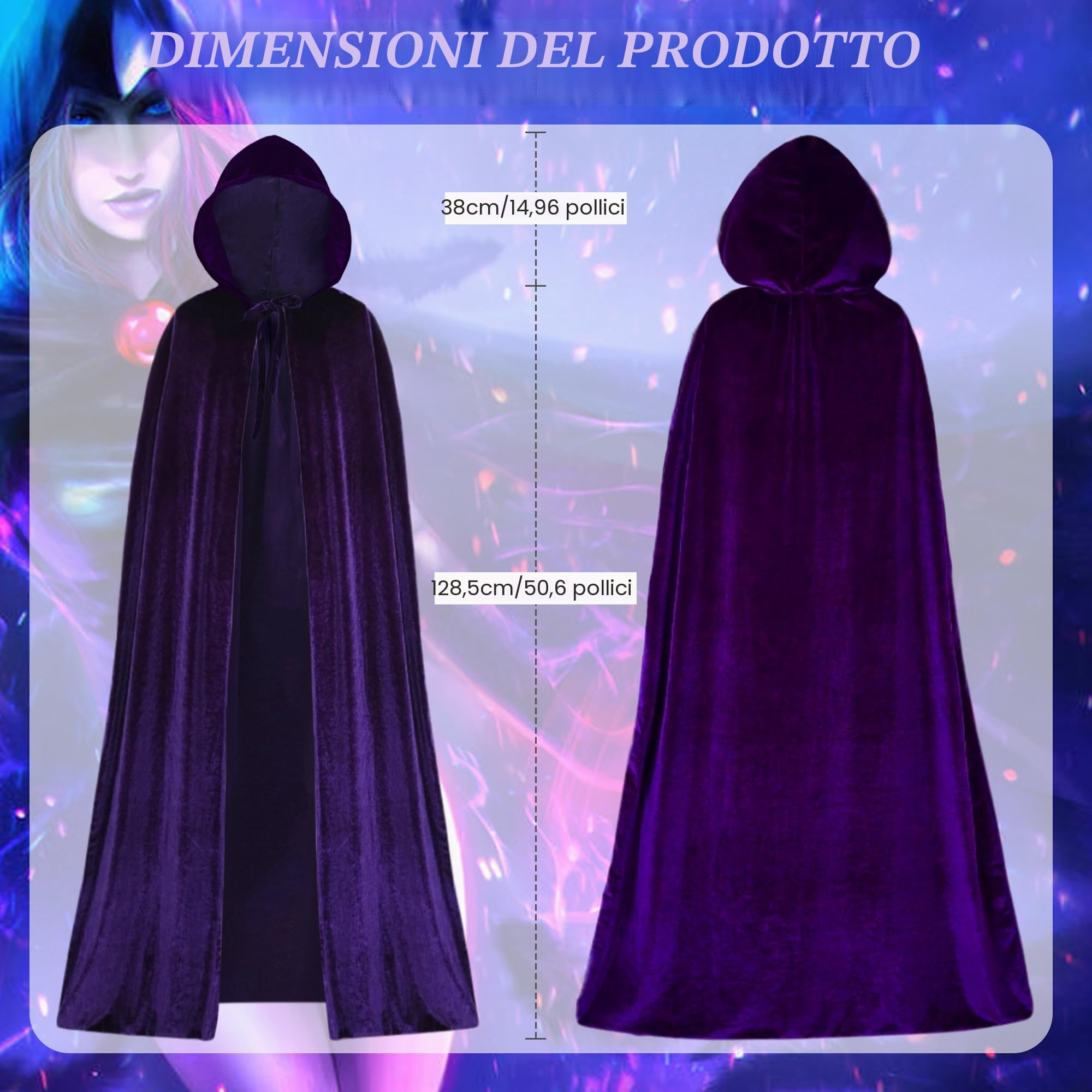 Mantello viola con pietra rossa e cintura in vita, mantello viola con cappuccio, accessori per costume di Halloween da donna