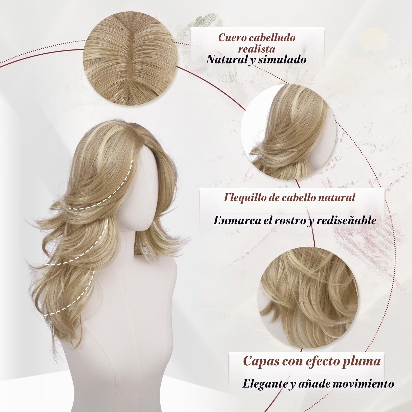 FESHFEN Peluca Largas Onduladas para Mujeres Natural Layered Pelucas de Pelo Sintética Resistente Wig para Uso Diario en Fiestas Cosplay, 50 cm Reflejos Rubio