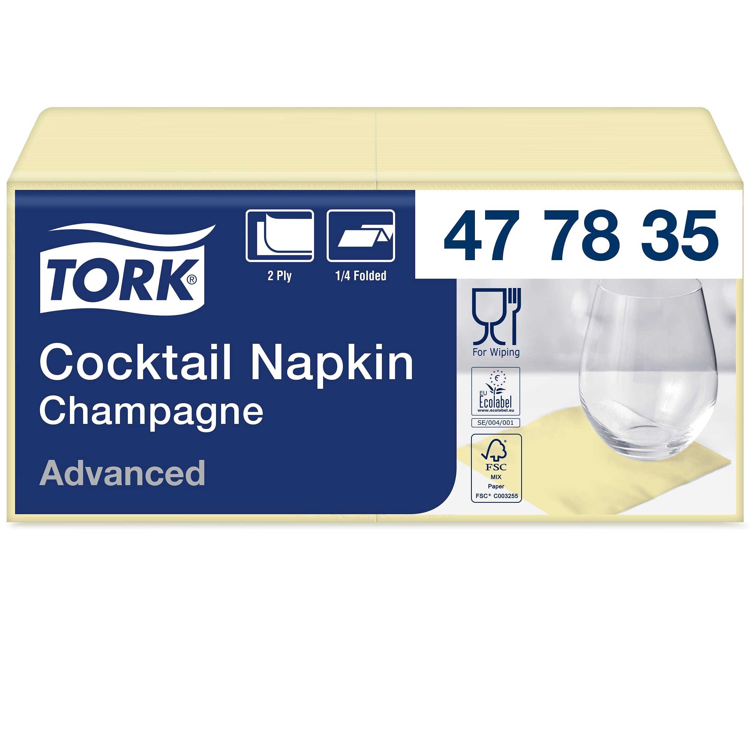 Tork 477835 Cocktailservietten Champagner/Cocktail Serviette in Advanced Qualität mit 1/4 Falz / 12 x 200 (2400) Servietten / 23,8 x 24 cm (B x L)
