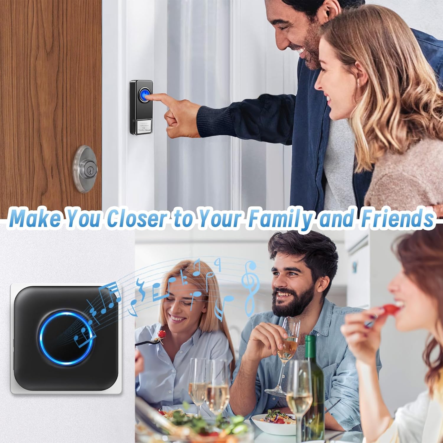 People interacting with the doorbell and enjoying music
