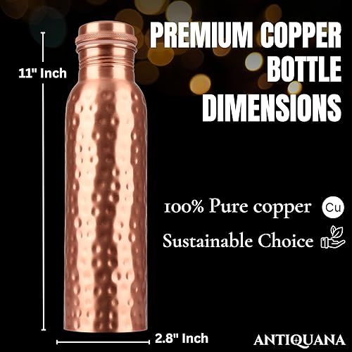 Miniatura 3 de Juego de botellas de agua de cobre puro de 34 onzas, diseño martillado a prueba de fugas con vaso, bolsa de transporte y acabado liso decorativo,