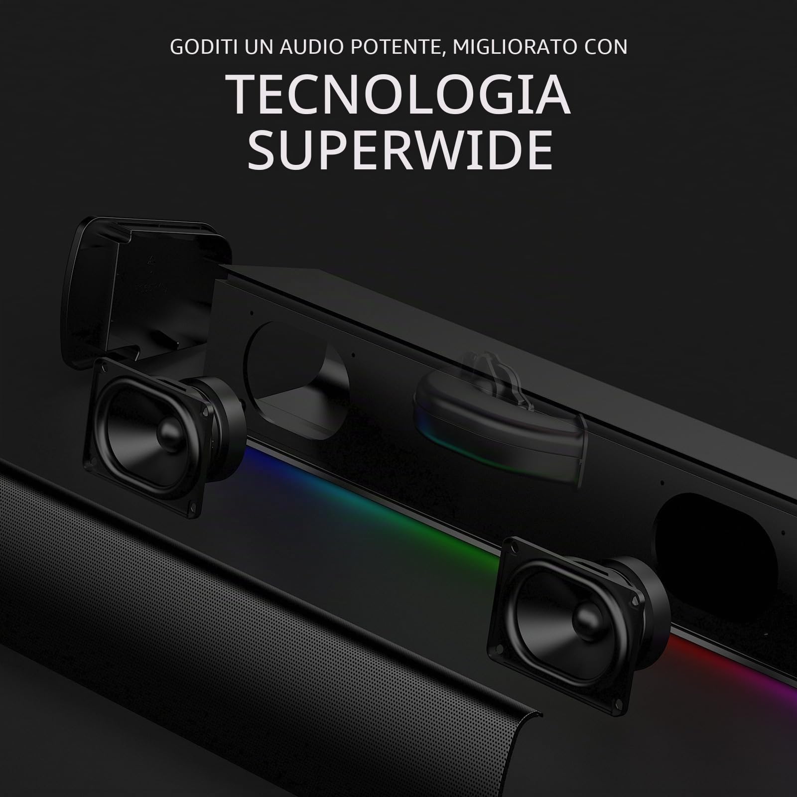 Soundbar compatta da gaming Sound Blaster GS3 con RGB e tecnologia SuperWide, alimentata tramite USB, Bluetooth 5.4, porta di uscita cuffie