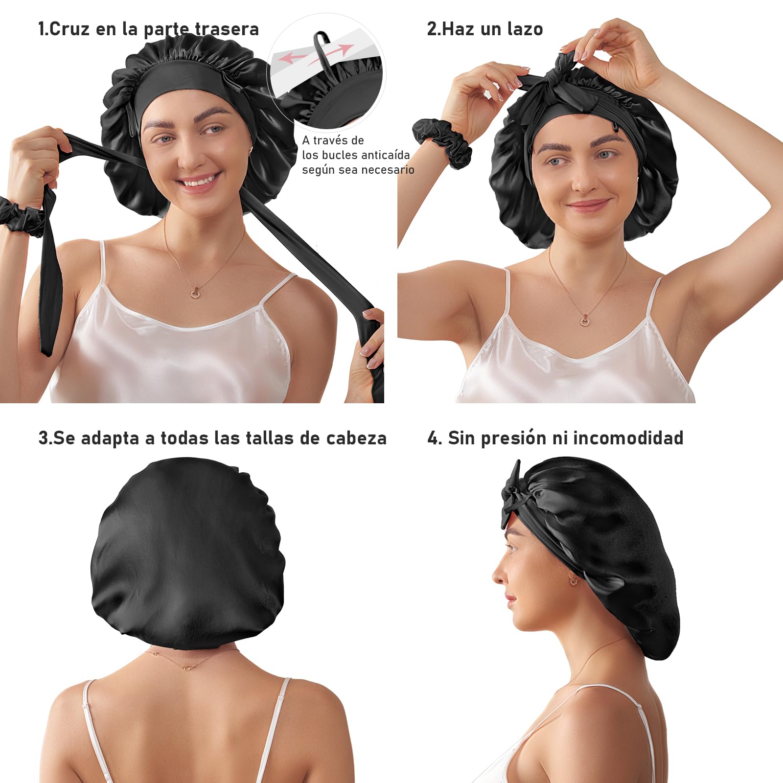 LitBear Gorro de Dormir 100% Seda de Morera para Mujer, 6A 22 Momme, Gran Envoltura de Doble Capa con Banda de Anudación, Turbante Antideslizante, Incluye Coletero
