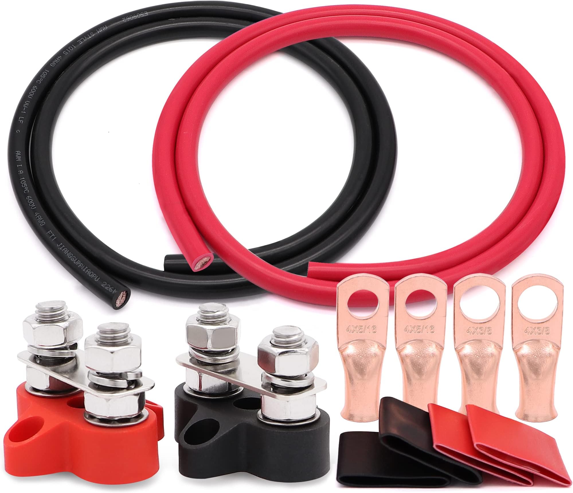Battery Jump Post Relocation Kit,OFC Oxygen Free Copper UL1015 AWG 4 Gauge Cable,Wire lugs and 5/16inch Junction Block Distribution Terminals