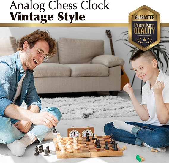 Analog Chess Clock Timer - No Batteries Required - Wind-Up Professional Chess Clock with Large Easy-to-Read Dials - Vintage Design - Elevate Your Chess Game & Chess Tournament Experience (Brown)
