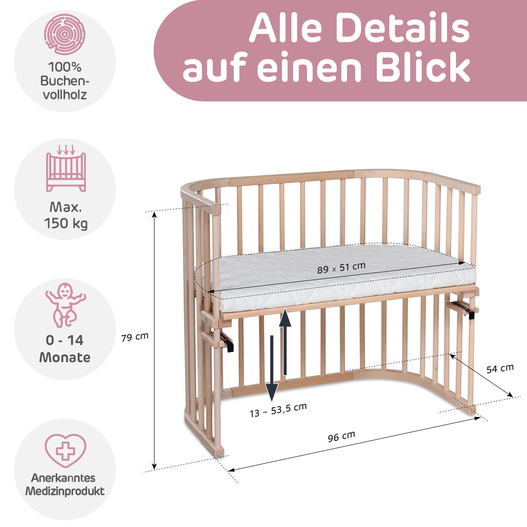 babybay Maxi łóżko pomocnicze, naturalne, nieobrobione z materacem Classic Soft