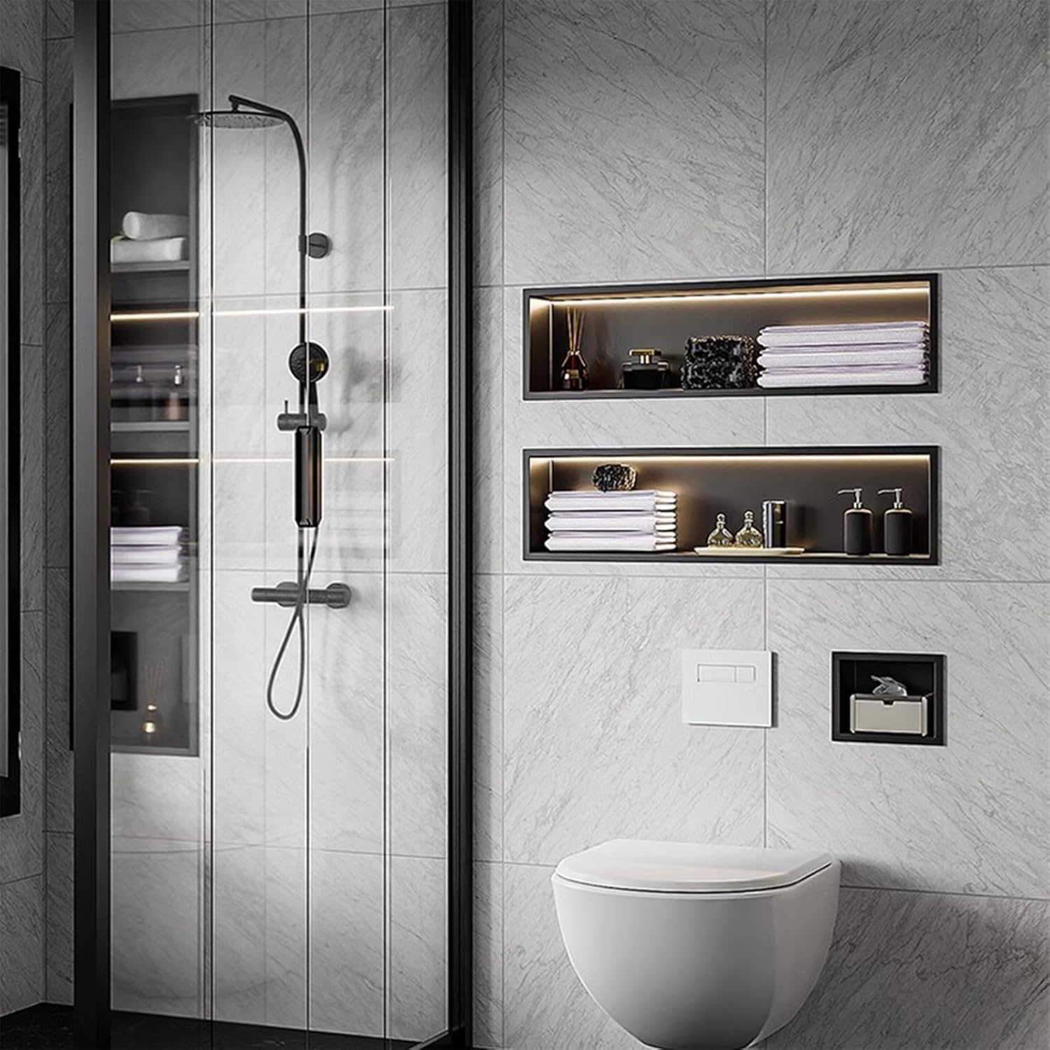 Generisch Wandnischen-Organizer aus Edelstahl mit LED-Beleuchtung – Einbauregal für die Dusche im Badezimmer, Schwarz (70 x 28 x 12,5 cm) – Stilvolle und platzsparende Lösung